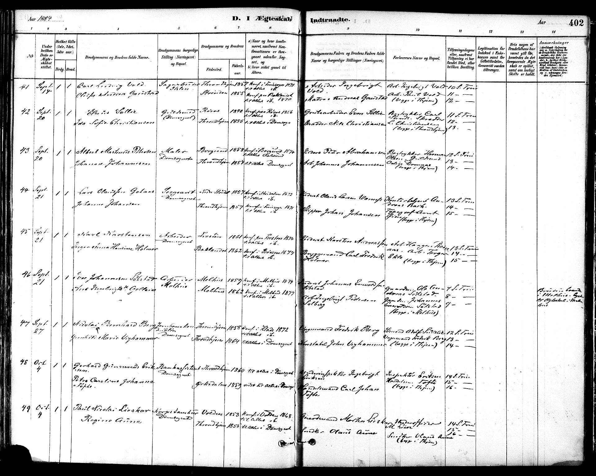 Ministerialprotokoller, klokkerbøker og fødselsregistre - Sør-Trøndelag, AV/SAT-A-1456/601/L0058: Parish register (official) no. 601A26, 1877-1891, p. 402