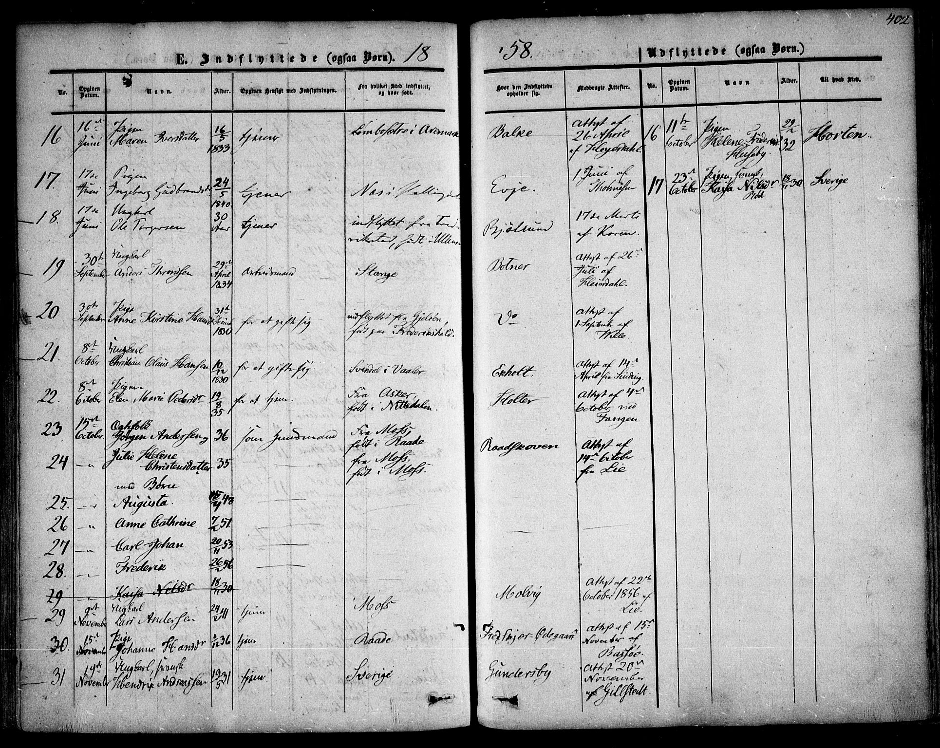 Rygge prestekontor Kirkebøker, SAO/A-10084b/F/Fa/L0005: Parish register (official) no. 5, 1852-1871, p. 402
