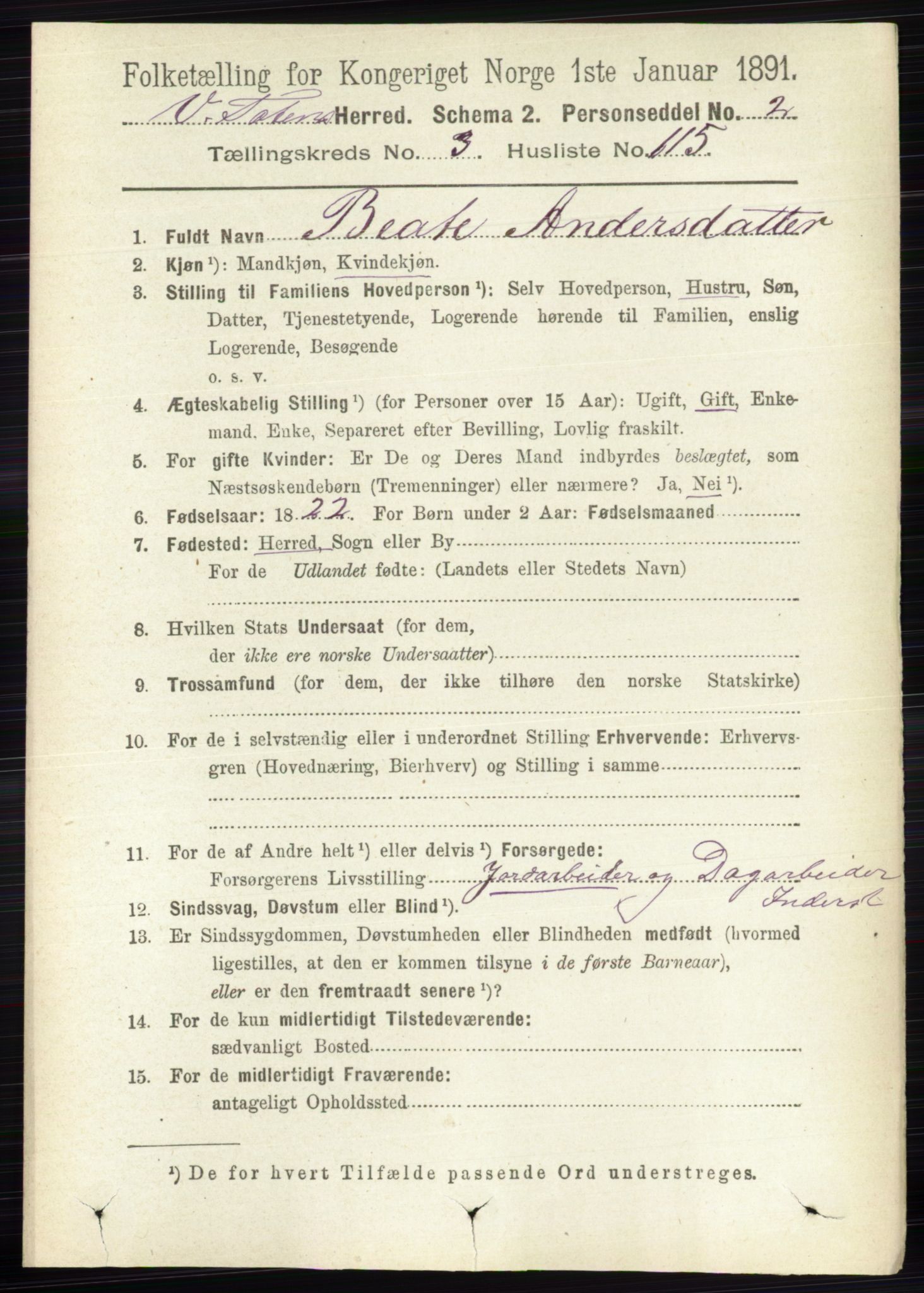 RA, 1891 census for 0529 Vestre Toten, 1891, p. 2576