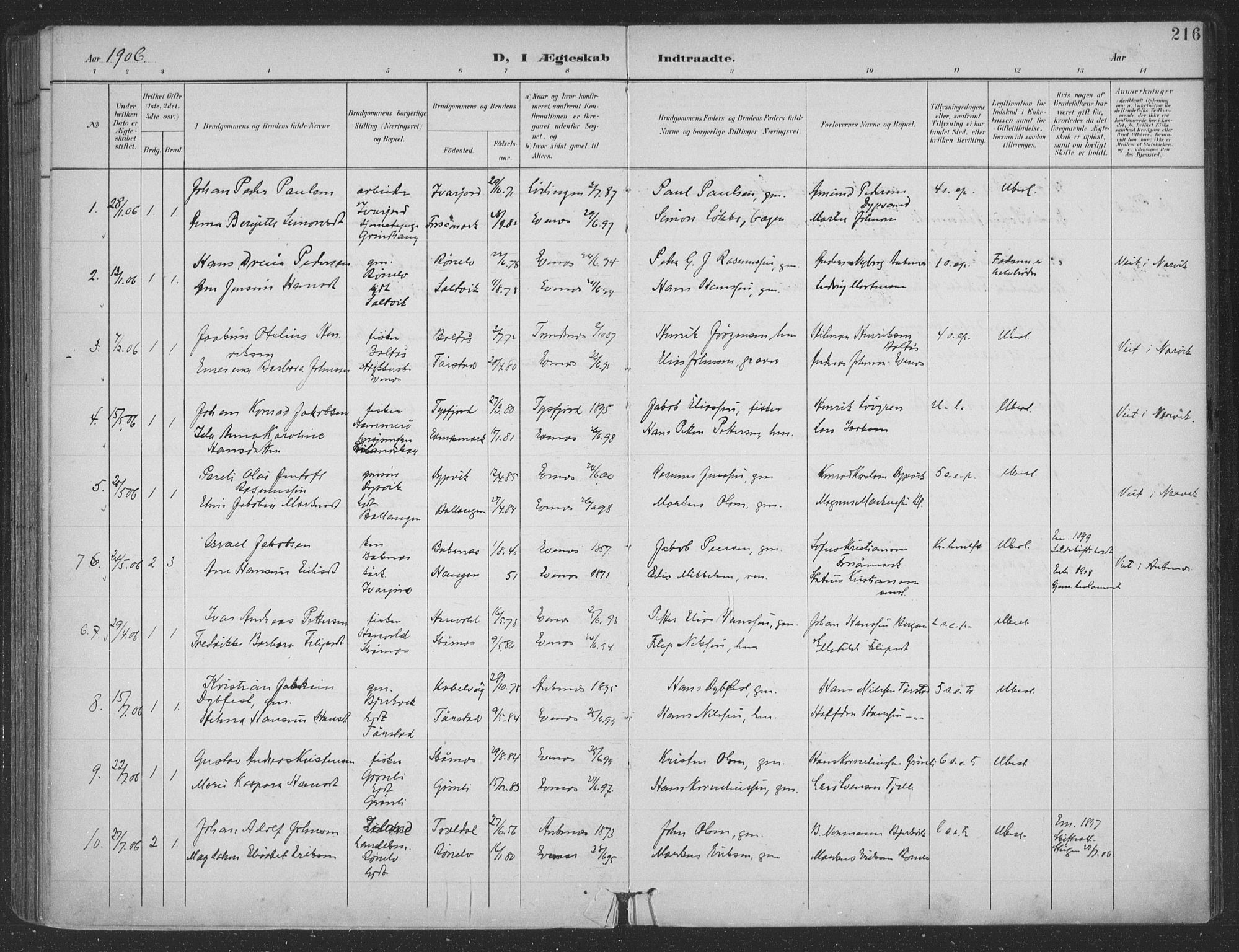 Ministerialprotokoller, klokkerbøker og fødselsregistre - Nordland, SAT/A-1459/863/L0899: Parish register (official) no. 863A11, 1897-1906, p. 216