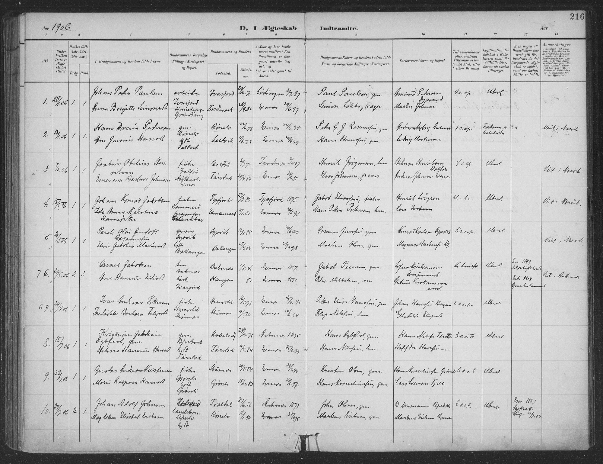 Ministerialprotokoller, klokkerbøker og fødselsregistre - Nordland, AV/SAT-A-1459/863/L0899: Parish register (official) no. 863A11, 1897-1906, p. 216