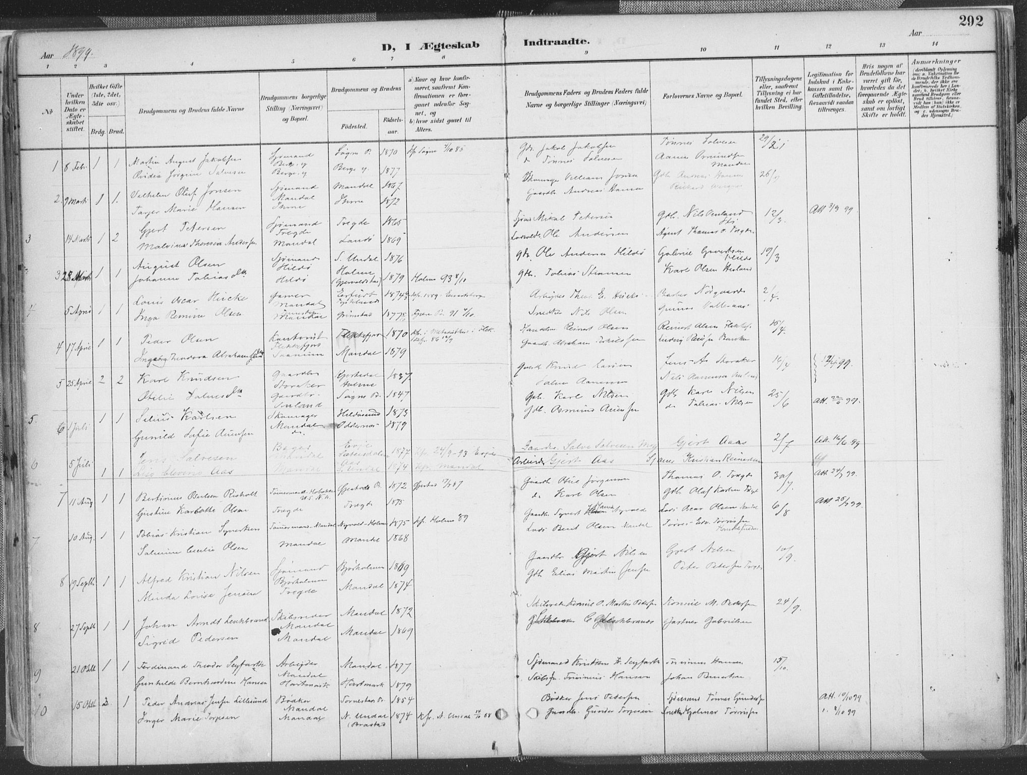 Mandal sokneprestkontor, AV/SAK-1111-0030/F/Fa/Faa/L0018: Parish register (official) no. A 18, 1890-1905, p. 292