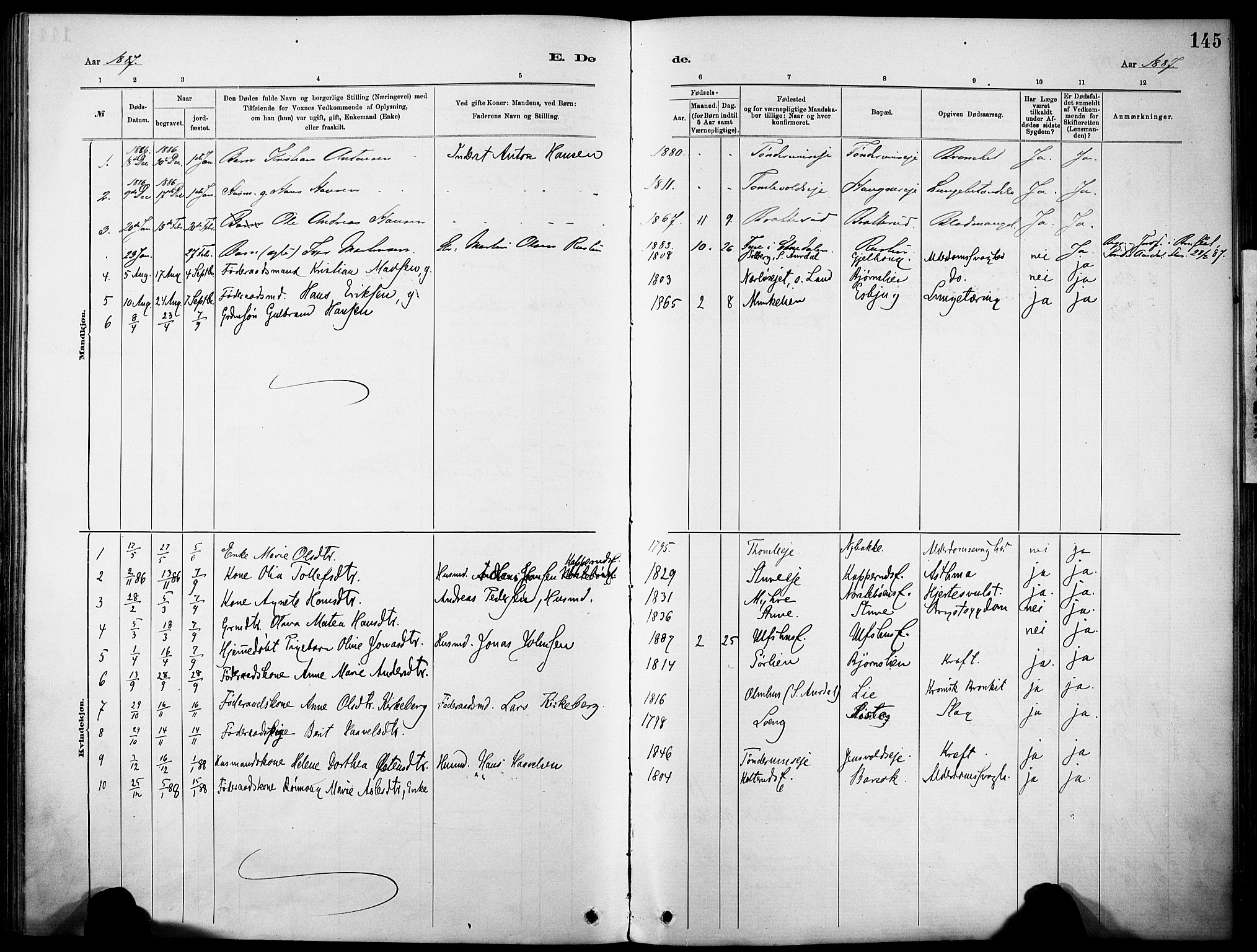 Nordre Land prestekontor, AV/SAH-PREST-124/H/Ha/Haa/L0005: Parish register (official) no. 5, 1882-1903, p. 145