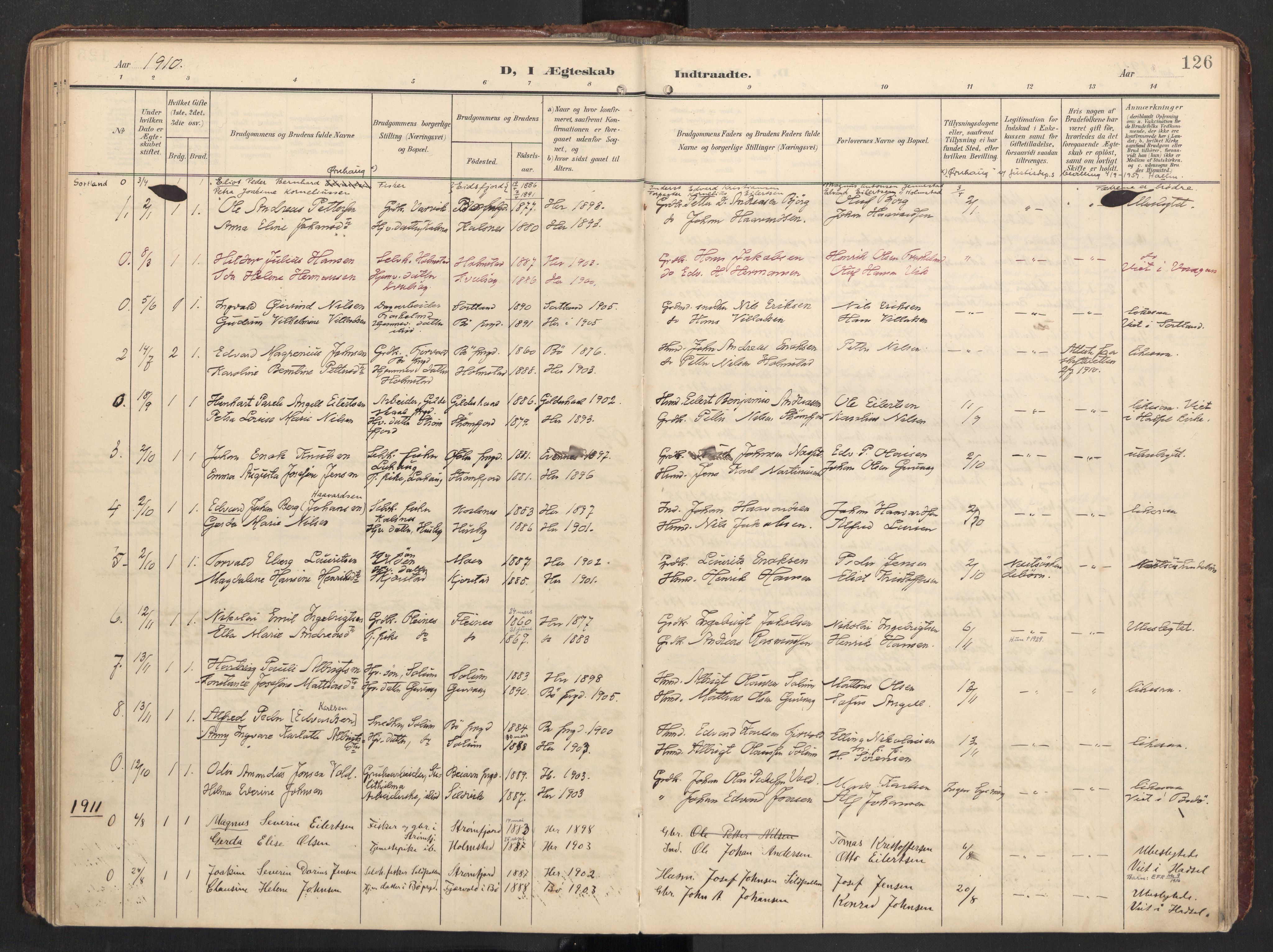 Ministerialprotokoller, klokkerbøker og fødselsregistre - Nordland, SAT/A-1459/890/L1287: Parish register (official) no. 890A02, 1903-1915, p. 126