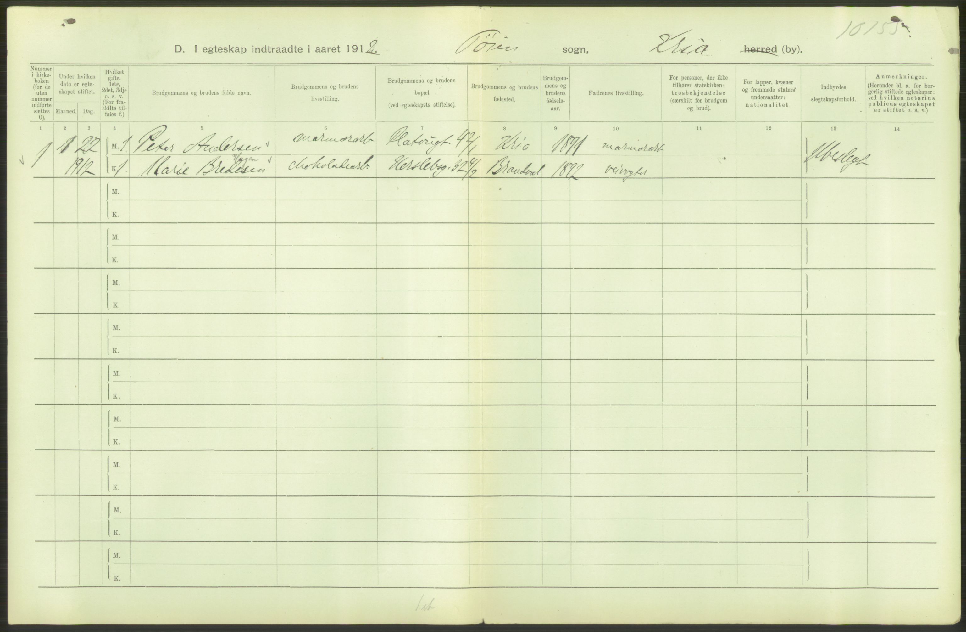 Statistisk sentralbyrå, Sosiodemografiske emner, Befolkning, RA/S-2228/D/Df/Dfb/Dfbb/L0008: Kristiania: Gifte, 1912, p. 58