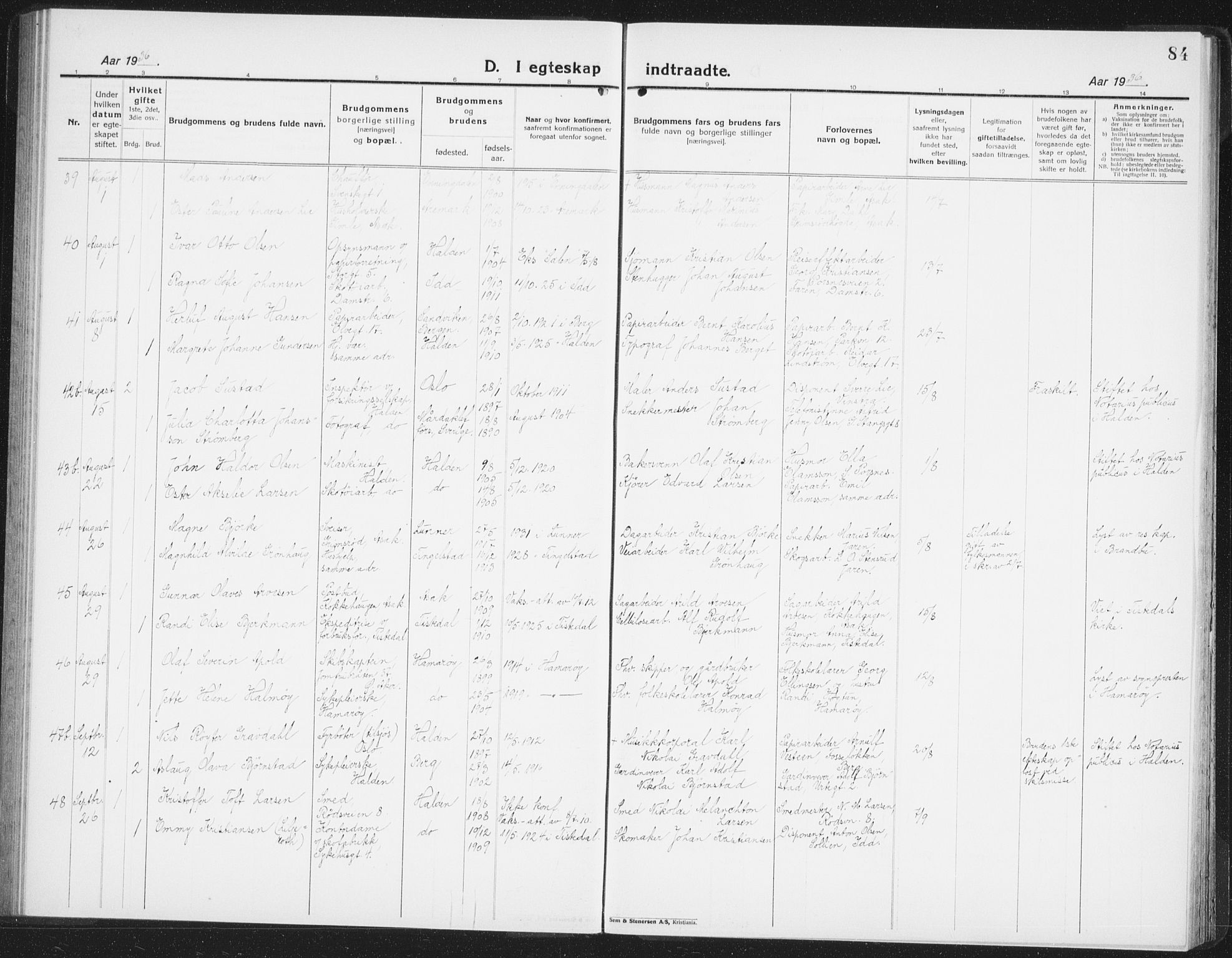 Halden prestekontor Kirkebøker, AV/SAO-A-10909/G/Ga/L0014: Parish register (copy) no. 14, 1925-1943, p. 84