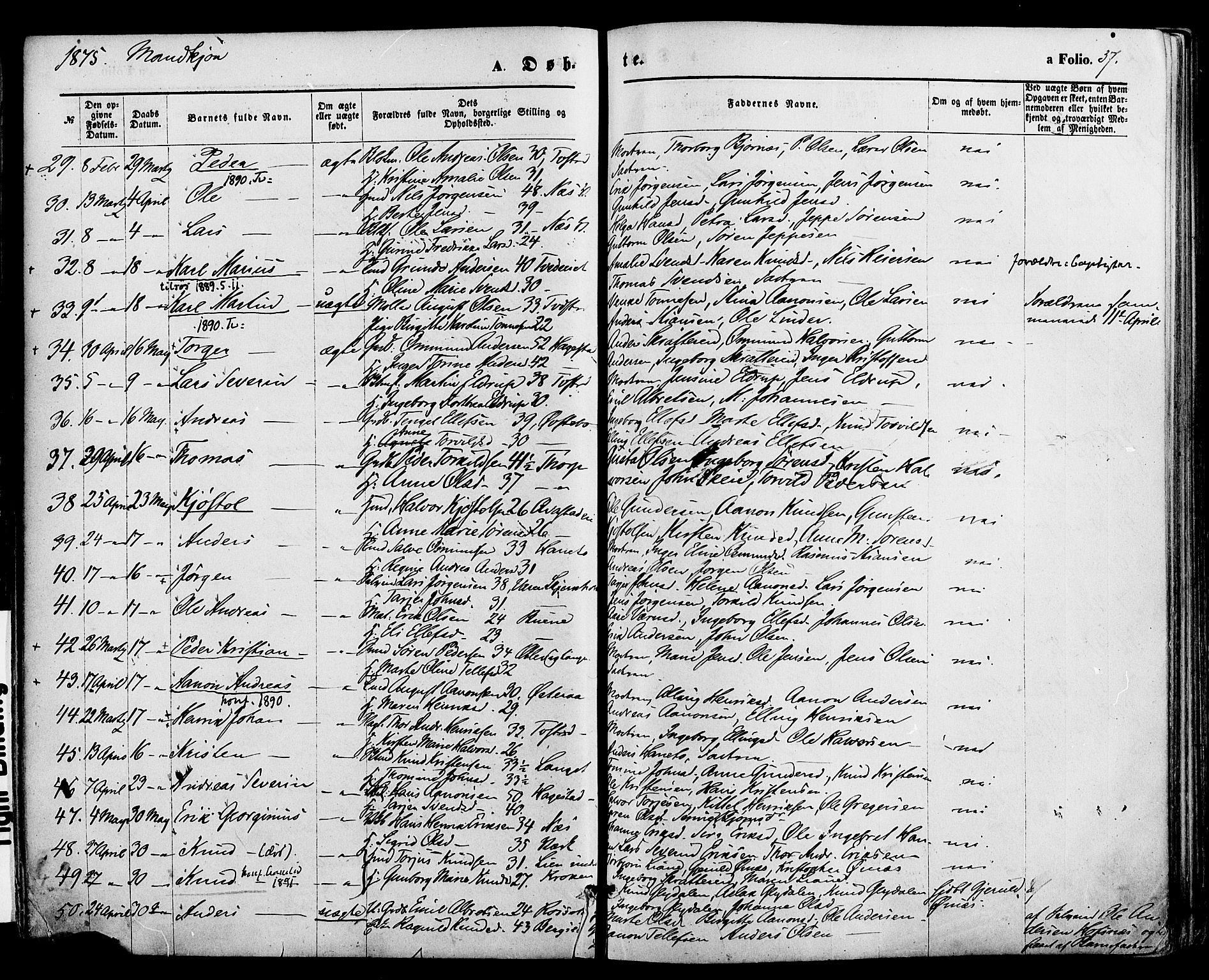 Holt sokneprestkontor, AV/SAK-1111-0021/F/Fa/L0010: Parish register (official) no. A 10, 1872-1885, p. 37