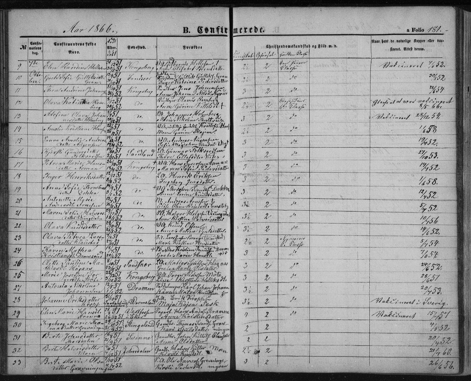 Kongsberg kirkebøker, AV/SAKO-A-22/F/Fa/L0010: Parish register (official) no. I 10, 1859-1875, p. 181