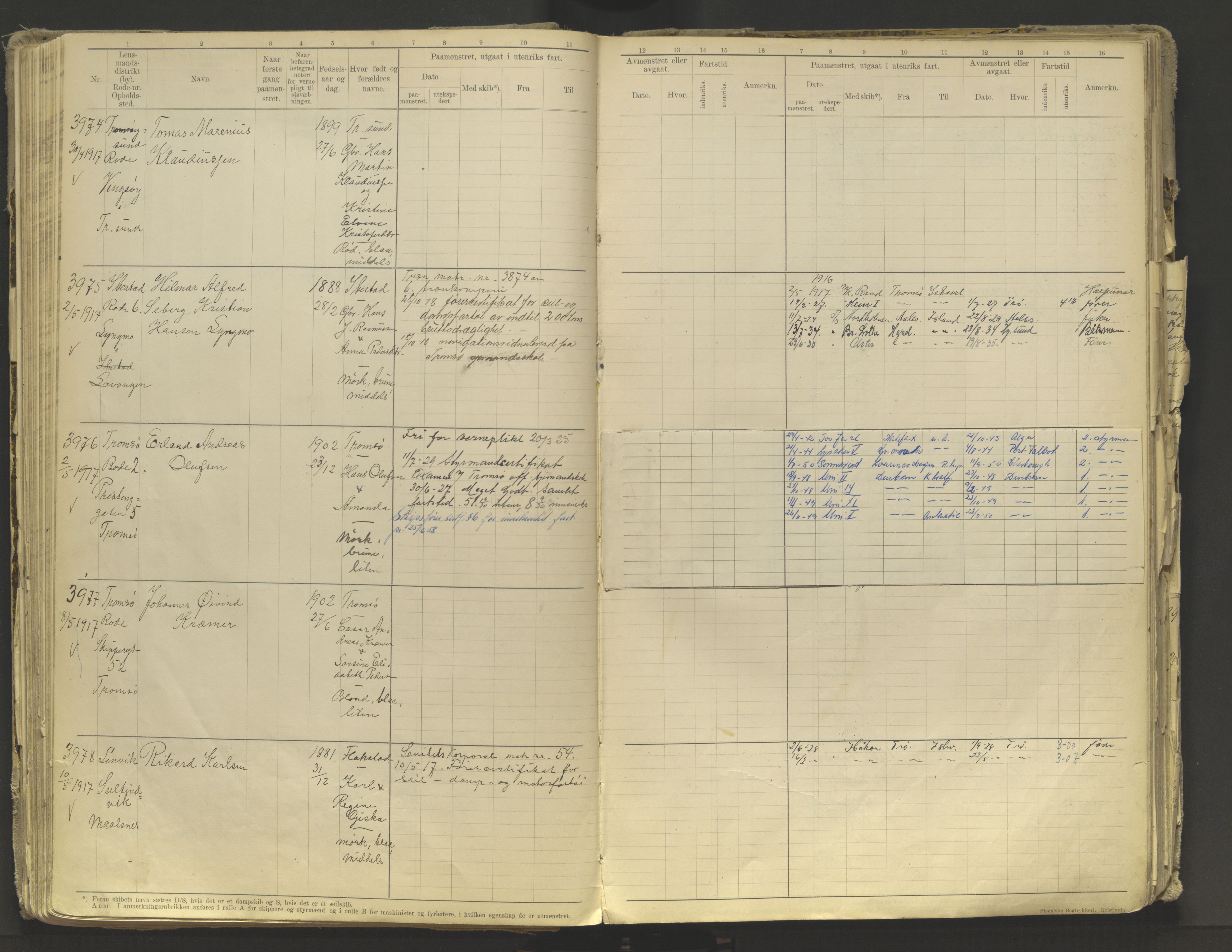 Tromsø sjømannskontor/innrullerings-/mønstringsdistrikt, AV/SATØ-S-0243/F/Fb/L0010: Annotasjonsrulle. Defekt: løs innbinding. Nr. 3519-4972, 1916-1920