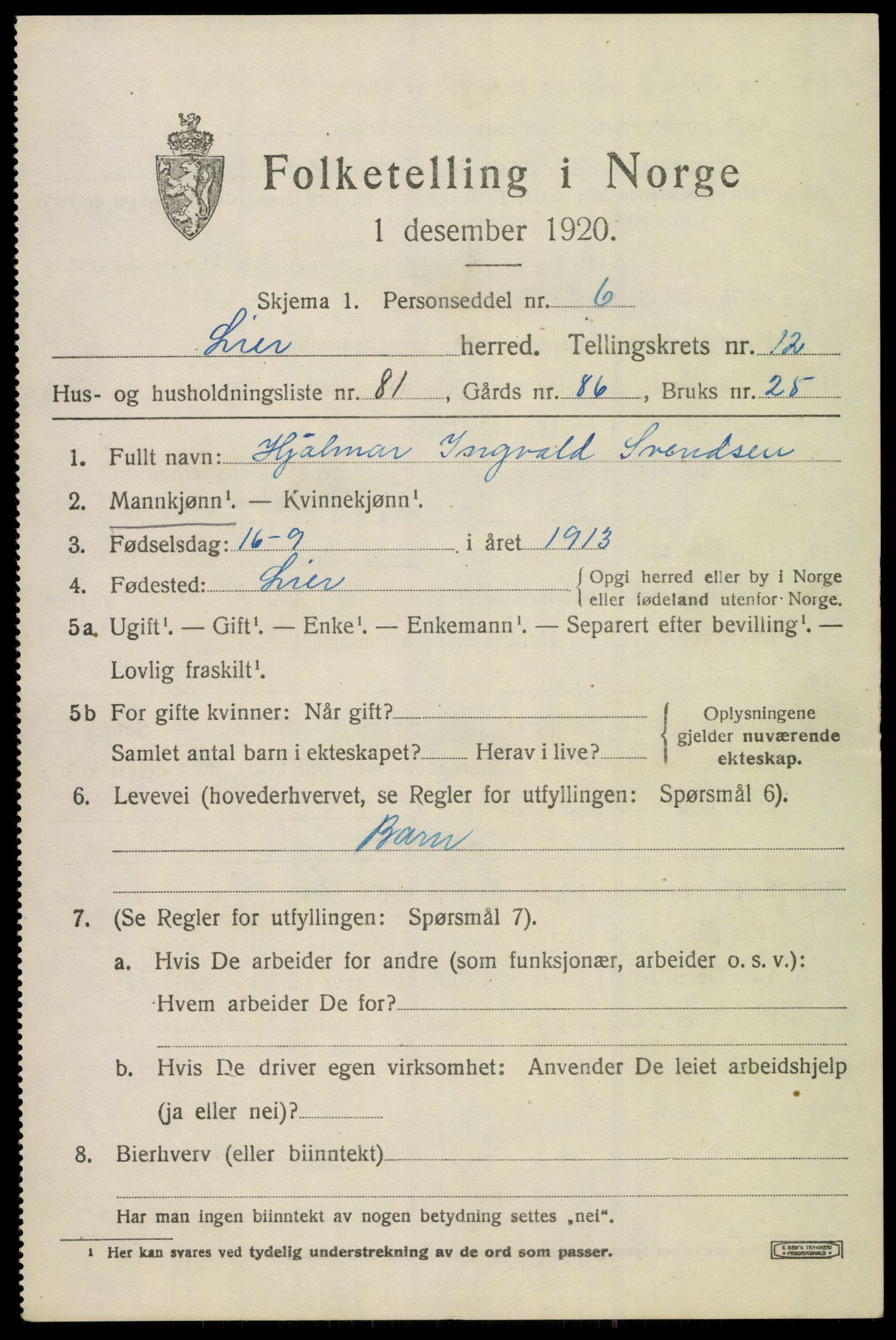 SAKO, 1920 census for Lier, 1920, p. 19642