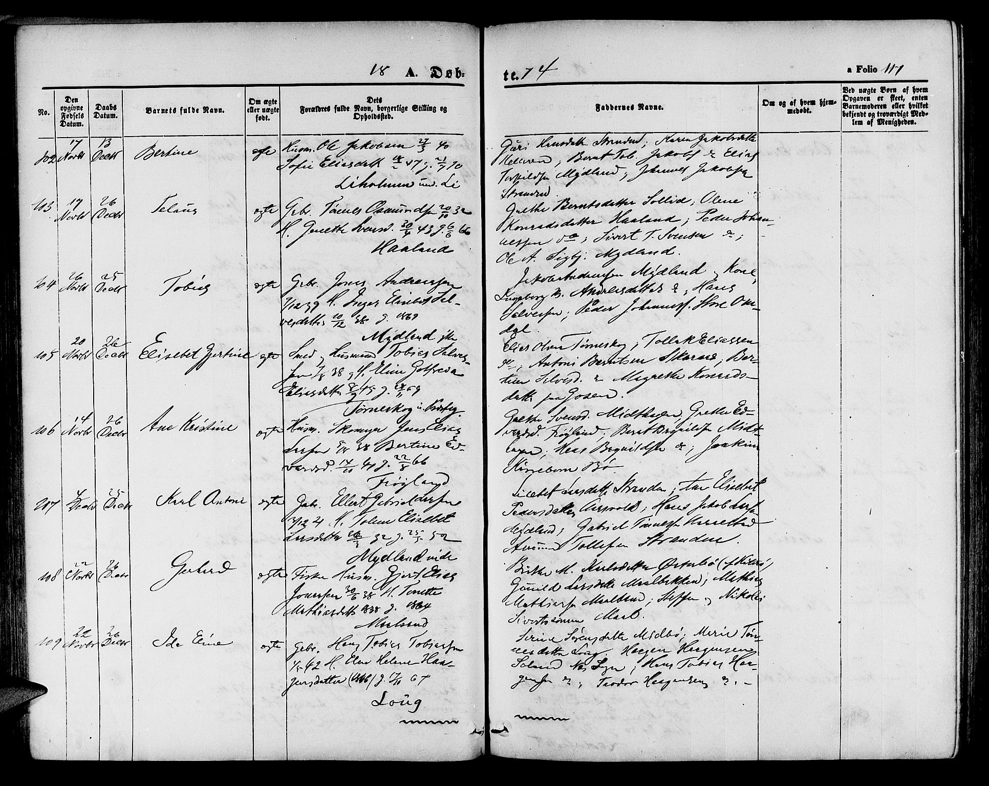 Sokndal sokneprestkontor, SAST/A-101808: Parish register (copy) no. B 3, 1865-1879, p. 117