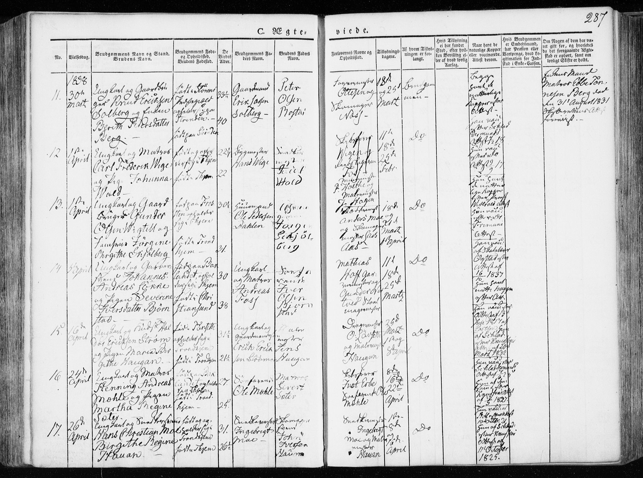 Ministerialprotokoller, klokkerbøker og fødselsregistre - Sør-Trøndelag, AV/SAT-A-1456/601/L0047: Parish register (official) no. 601A15, 1831-1839, p. 287