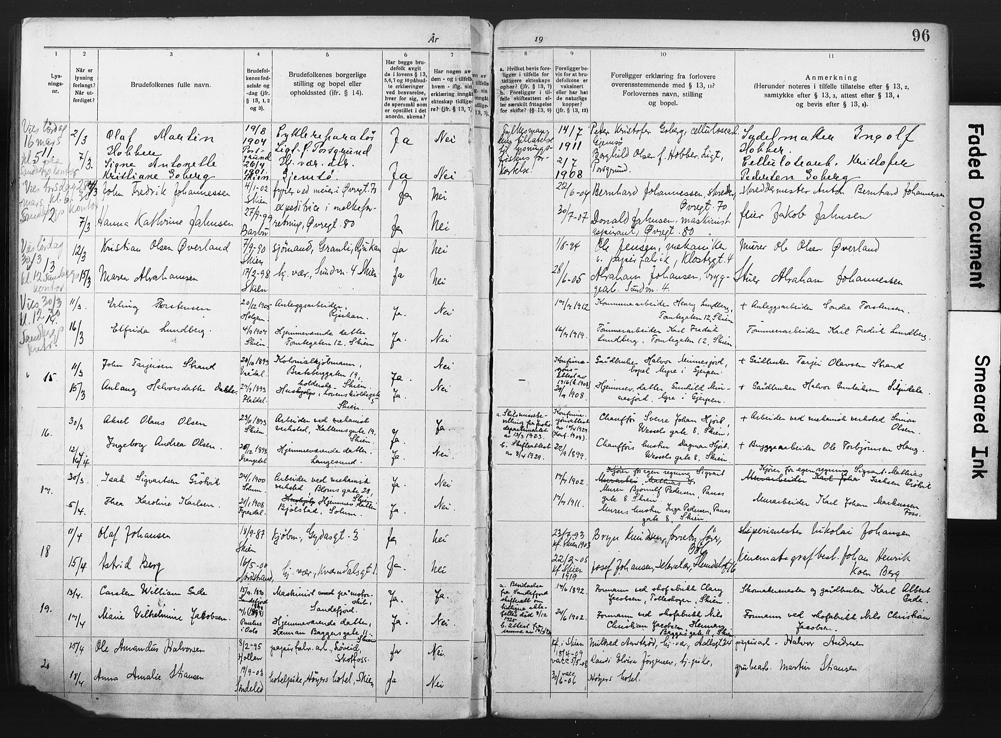 Skien kirkebøker, SAKO/A-302/H/Ha/L0001: Banns register no. 1, 1919-1929, p. 96