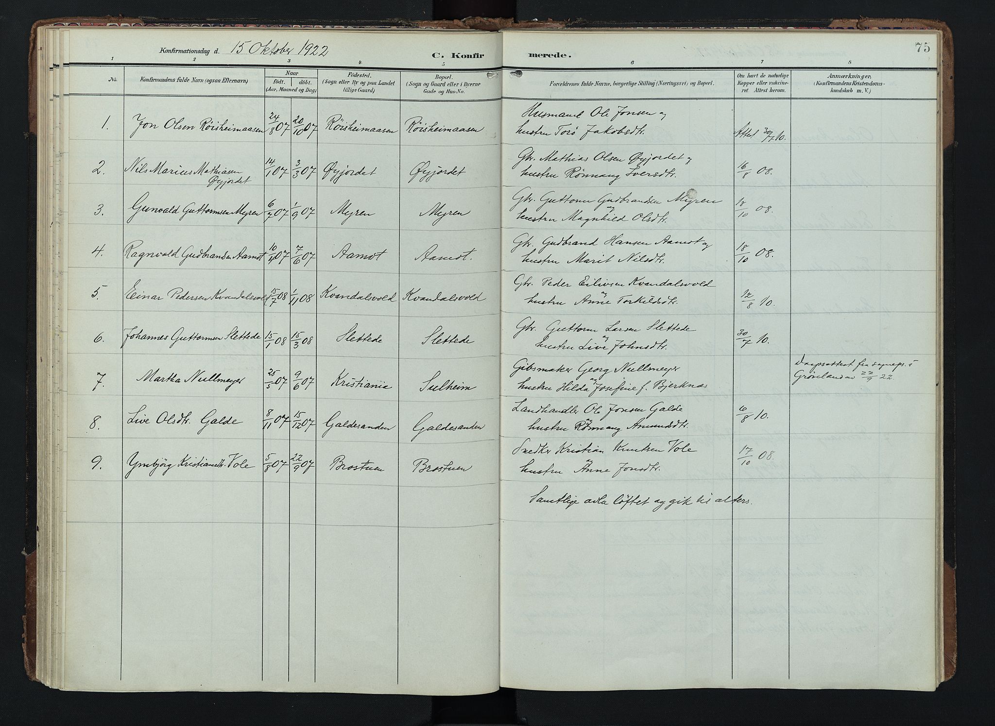 Lom prestekontor, SAH/PREST-070/K/L0012: Parish register (official) no. 12, 1904-1928, p. 75