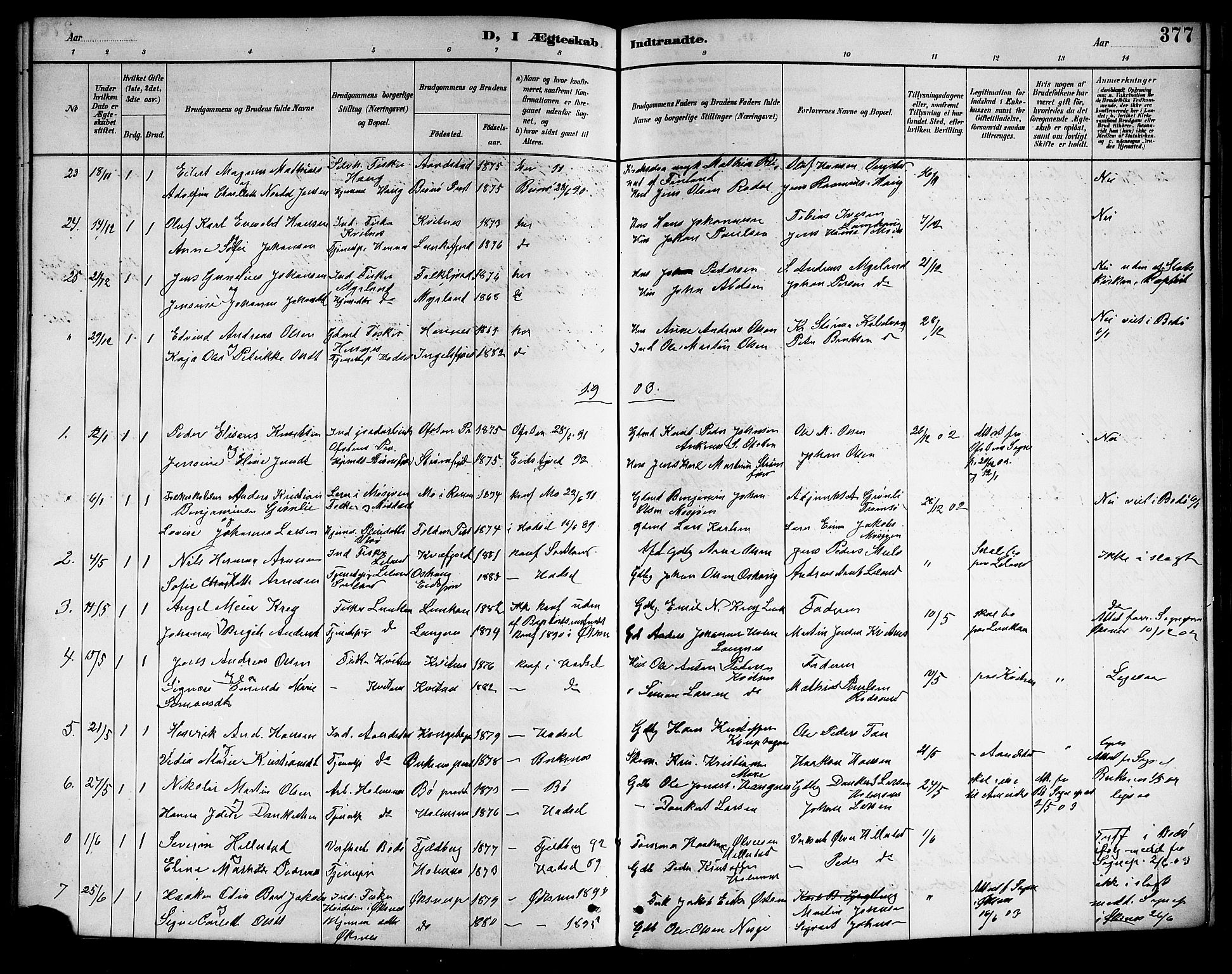 Ministerialprotokoller, klokkerbøker og fødselsregistre - Nordland, AV/SAT-A-1459/888/L1268: Parish register (copy) no. 888C06, 1891-1908, p. 377