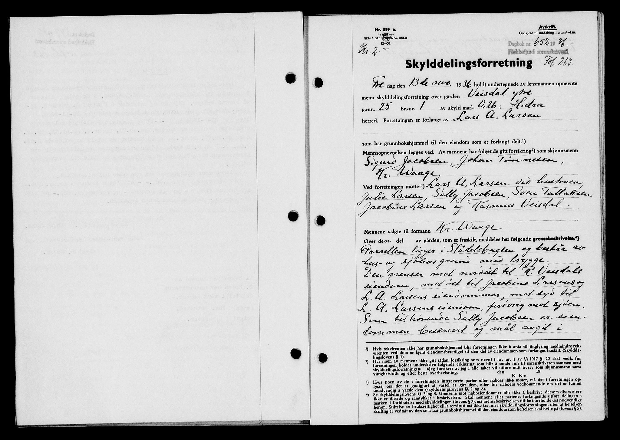 Flekkefjord sorenskriveri, SAK/1221-0001/G/Gb/Gba/L0053: Mortgage book no. A-1, 1936-1937, Diary no: : 652/1936