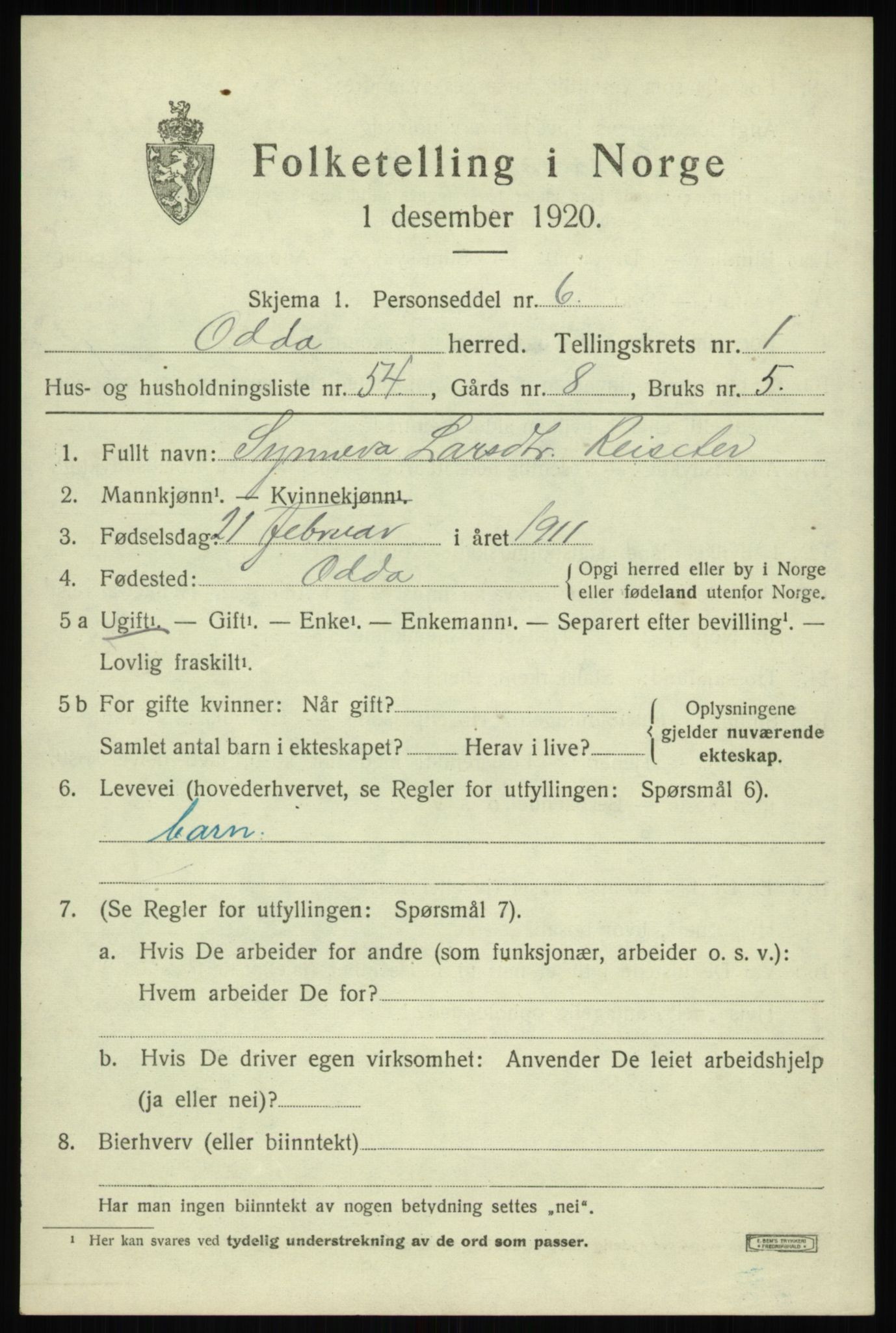 SAB, 1920 census for Odda, 1920, p. 1769