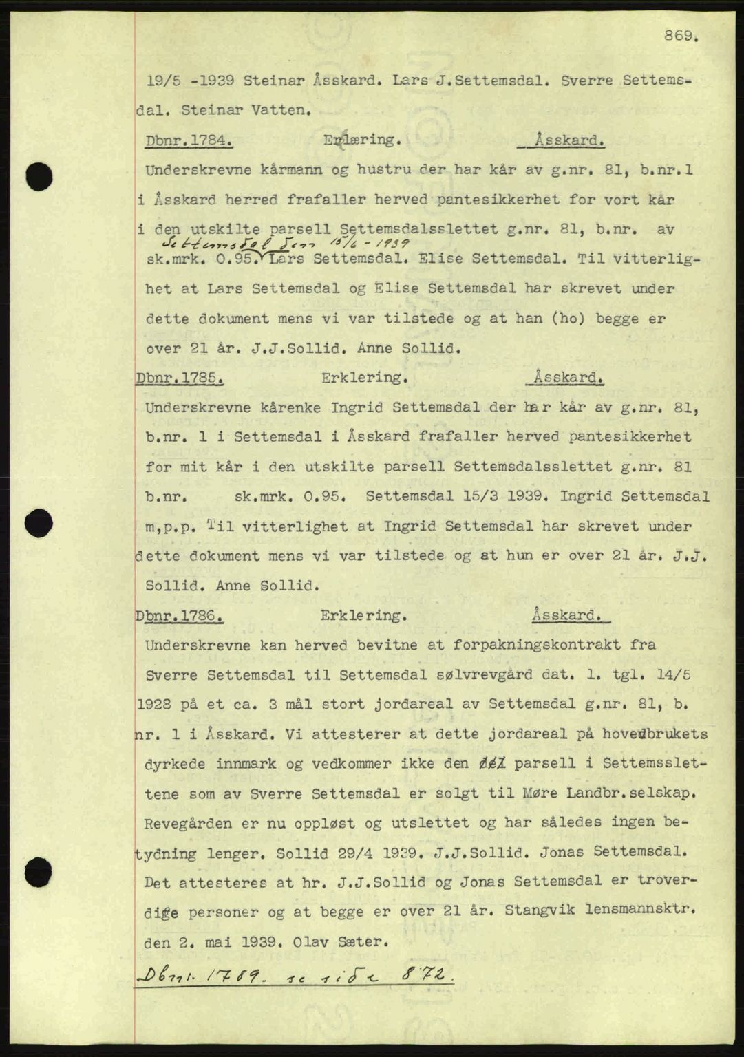 Nordmøre sorenskriveri, AV/SAT-A-4132/1/2/2Ca: Mortgage book no. C80, 1936-1939, Diary no: : 1784/1939