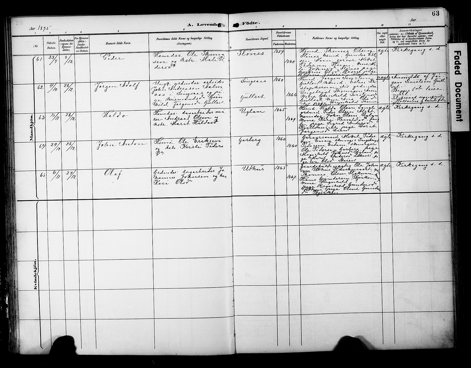Ministerialprotokoller, klokkerbøker og fødselsregistre - Sør-Trøndelag, SAT/A-1456/695/L1149: Parish register (official) no. 695A09, 1891-1902, p. 63