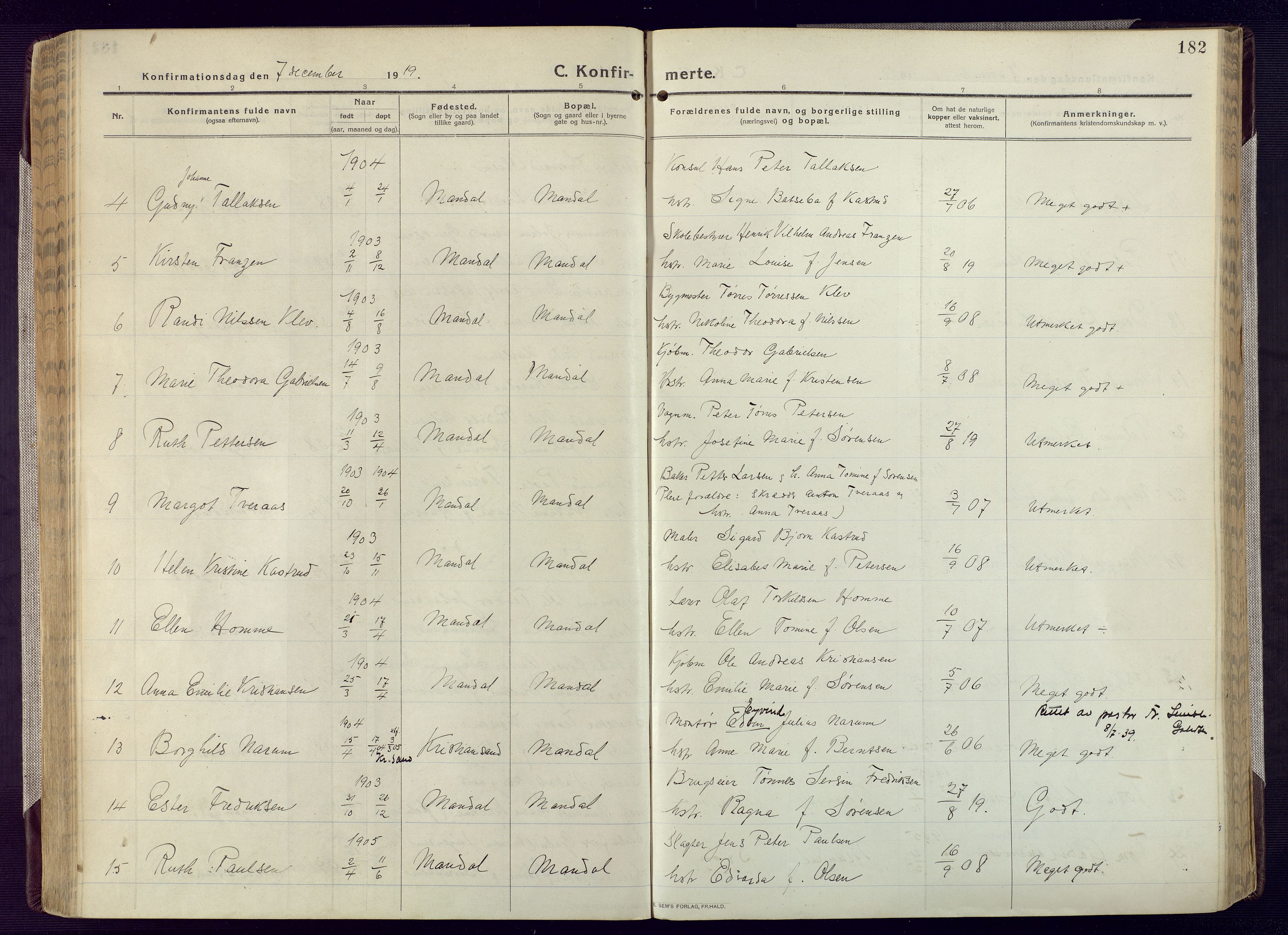Mandal sokneprestkontor, SAK/1111-0030/F/Fa/Fac/L0001: Parish register (official) no. A 1, 1913-1925, p. 182