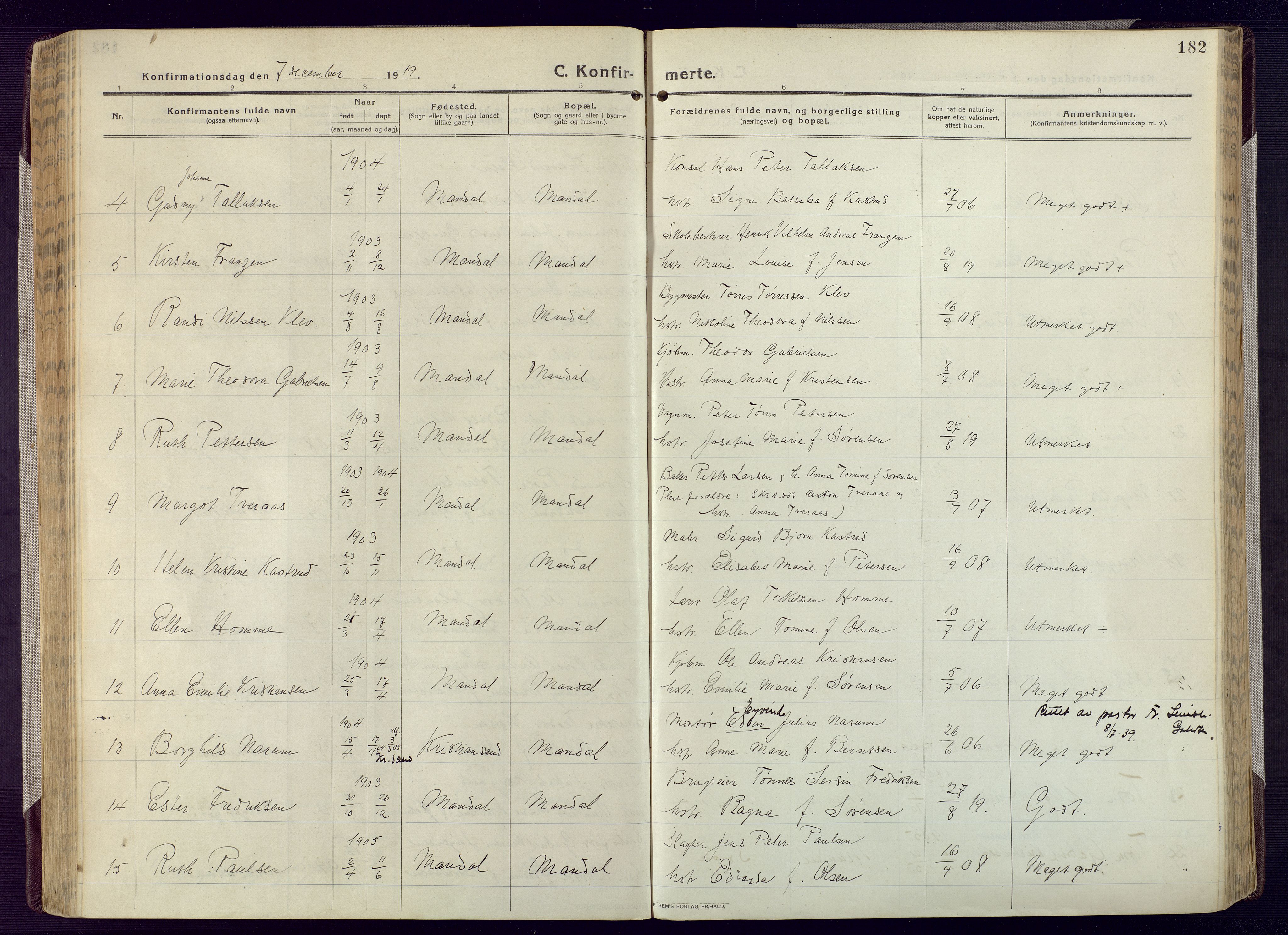 Mandal sokneprestkontor, AV/SAK-1111-0030/F/Fa/Fac/L0001: Parish register (official) no. A 1, 1913-1925, p. 182