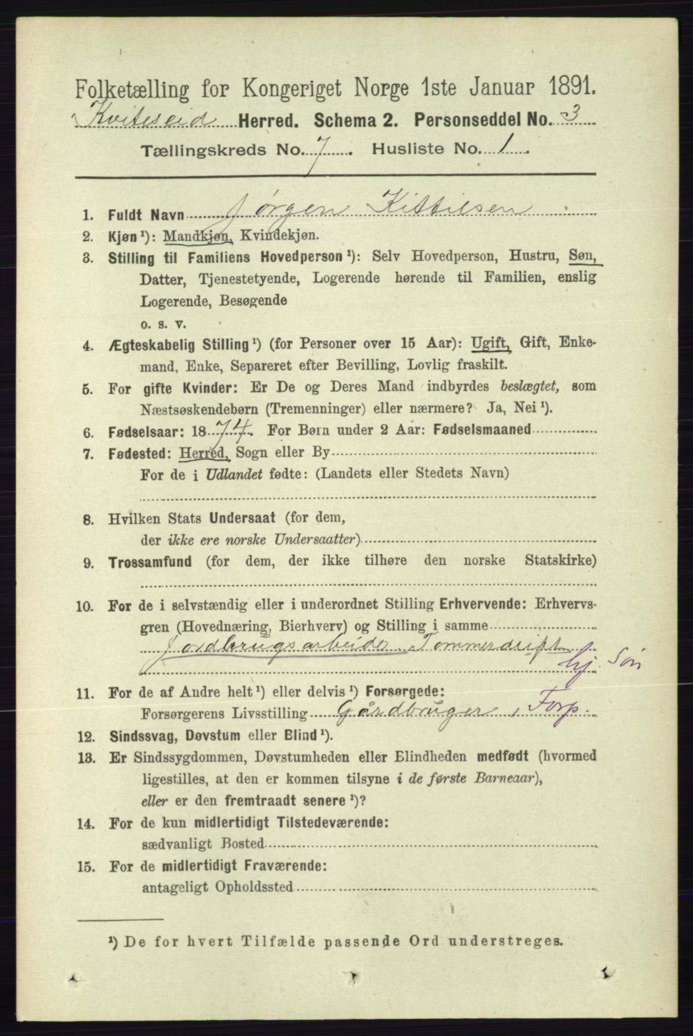 RA, 1891 census for 0829 Kviteseid, 1891, p. 1367