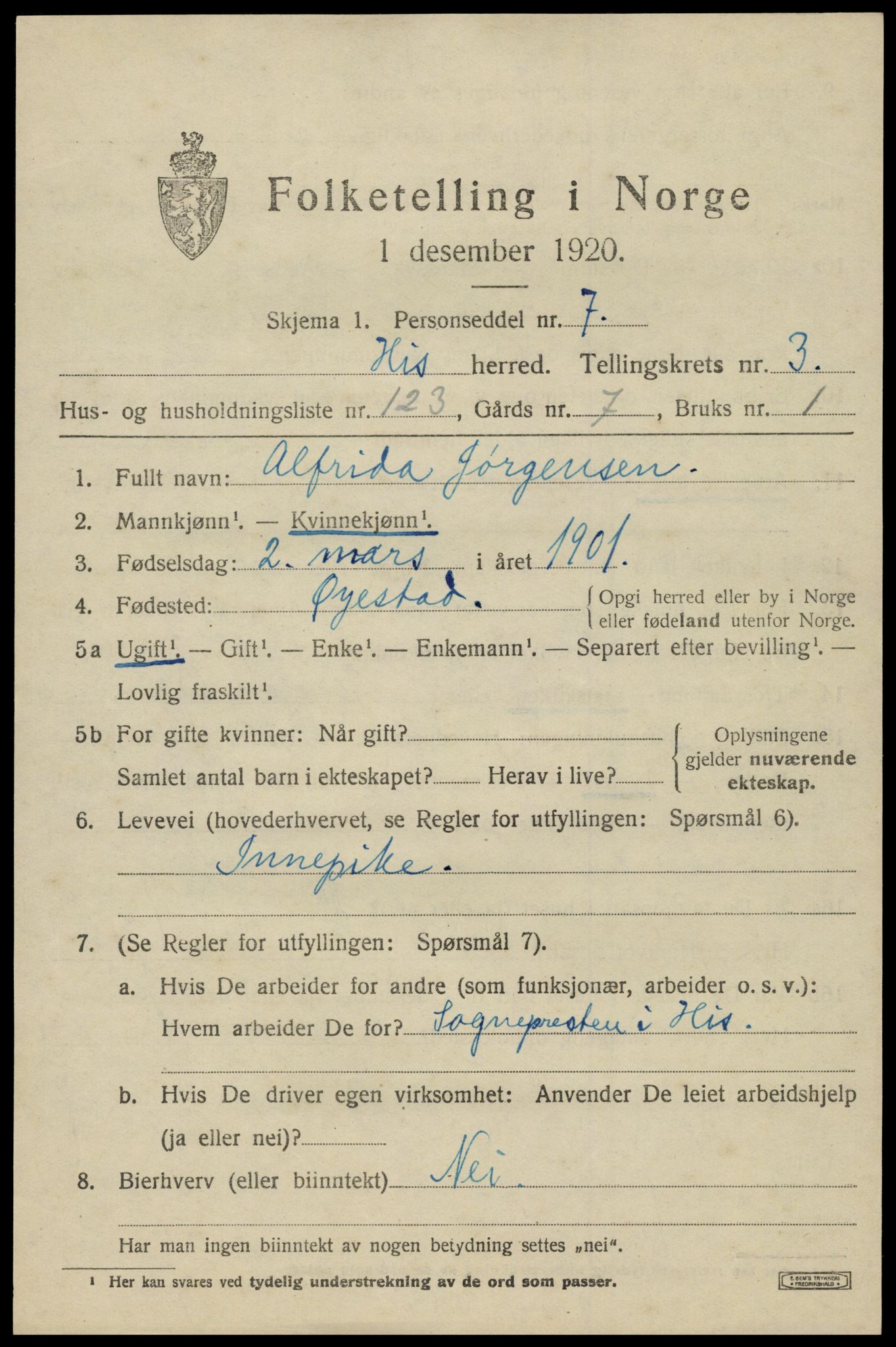 SAK, 1920 census for Hisøy, 1920, p. 5316