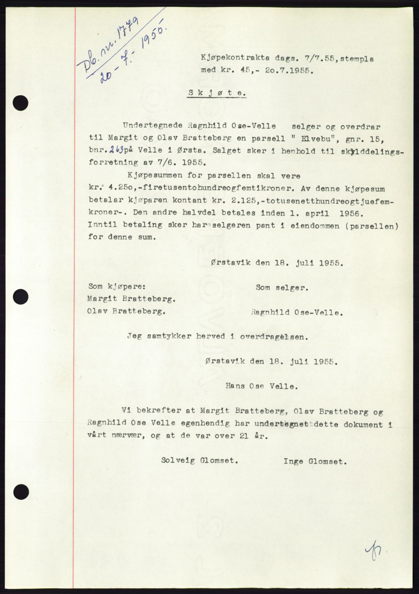 Søre Sunnmøre sorenskriveri, AV/SAT-A-4122/1/2/2C/L0101: Mortgage book no. 27A, 1955-1955, Diary no: : 1779/1955