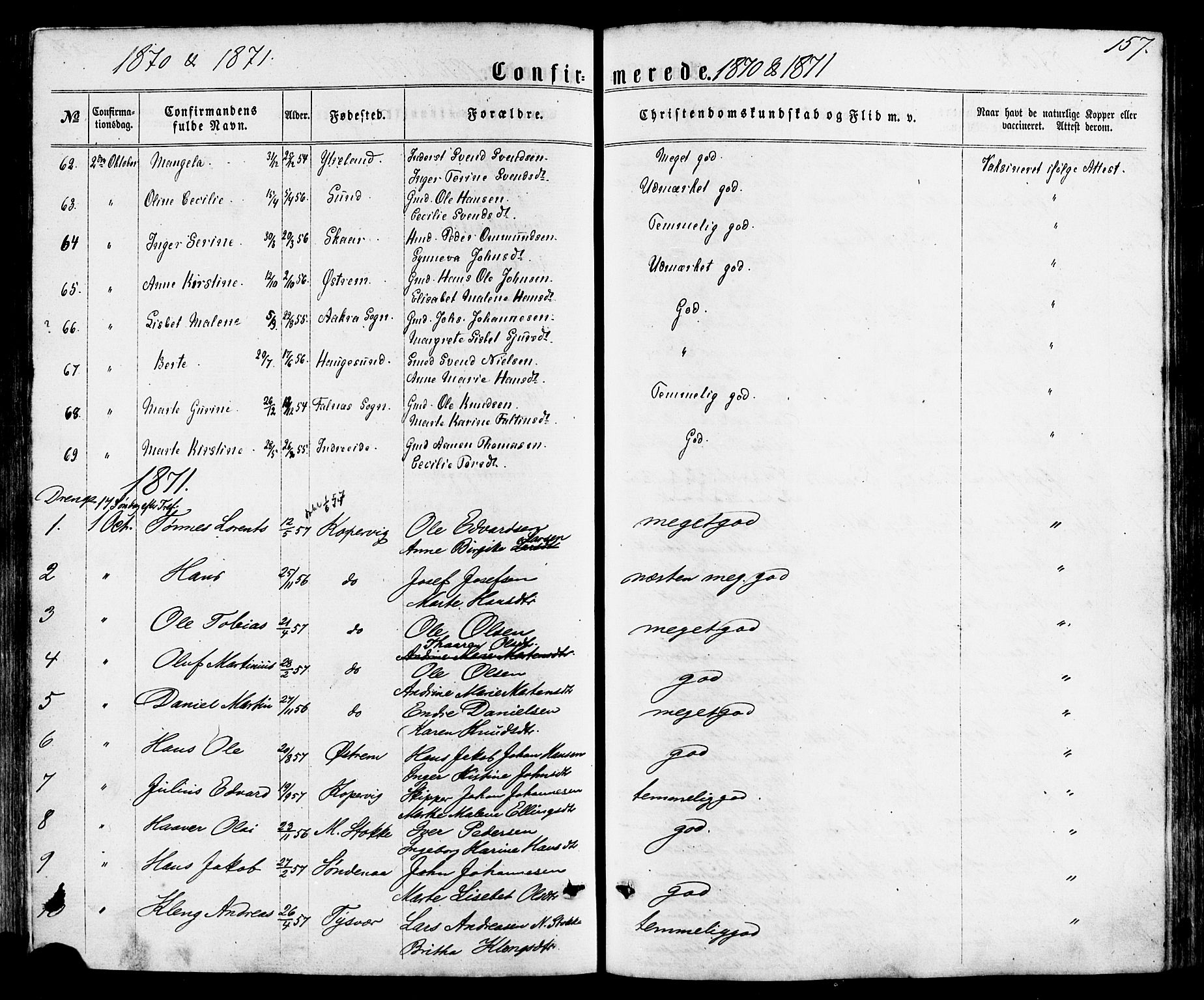 Avaldsnes sokneprestkontor, SAST/A -101851/H/Ha/Haa/L0011: Parish register (official) no. A 11, 1861-1880, p. 157
