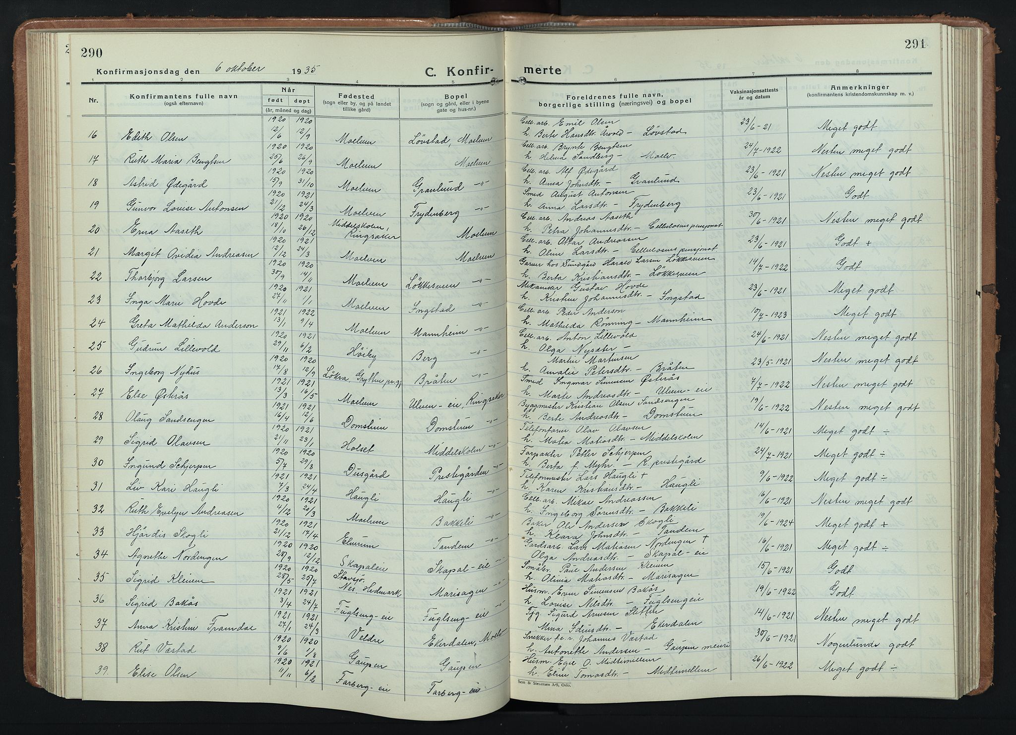Ringsaker prestekontor, AV/SAH-PREST-014/L/La/L0020: Parish register (copy) no. 20, 1934-1946, p. 290-291