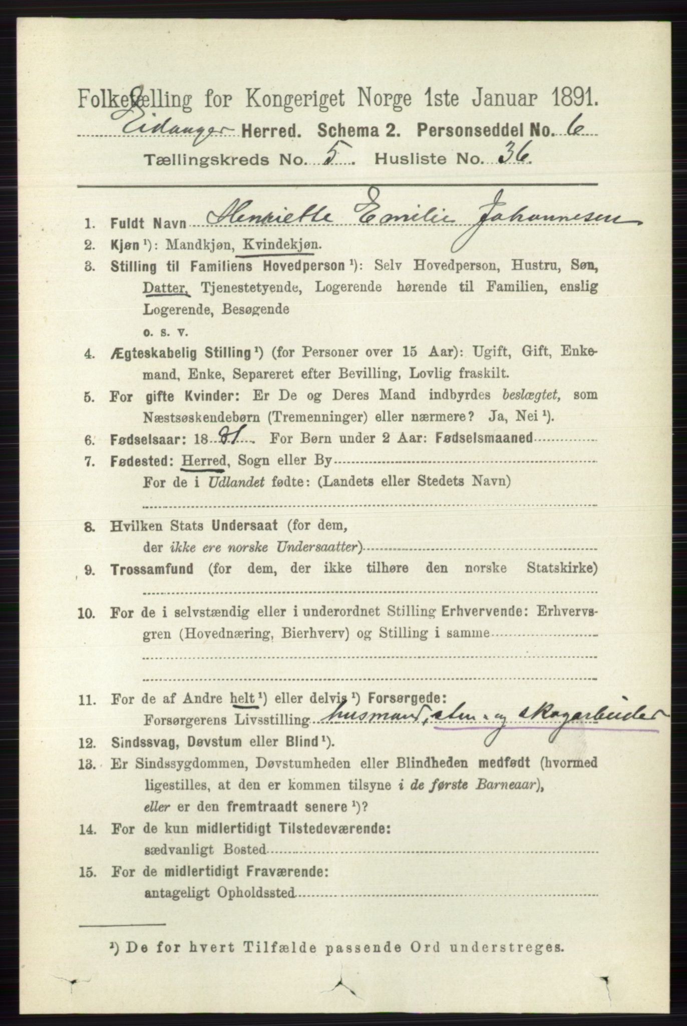 RA, 1891 census for 0813 Eidanger, 1891, p. 2534