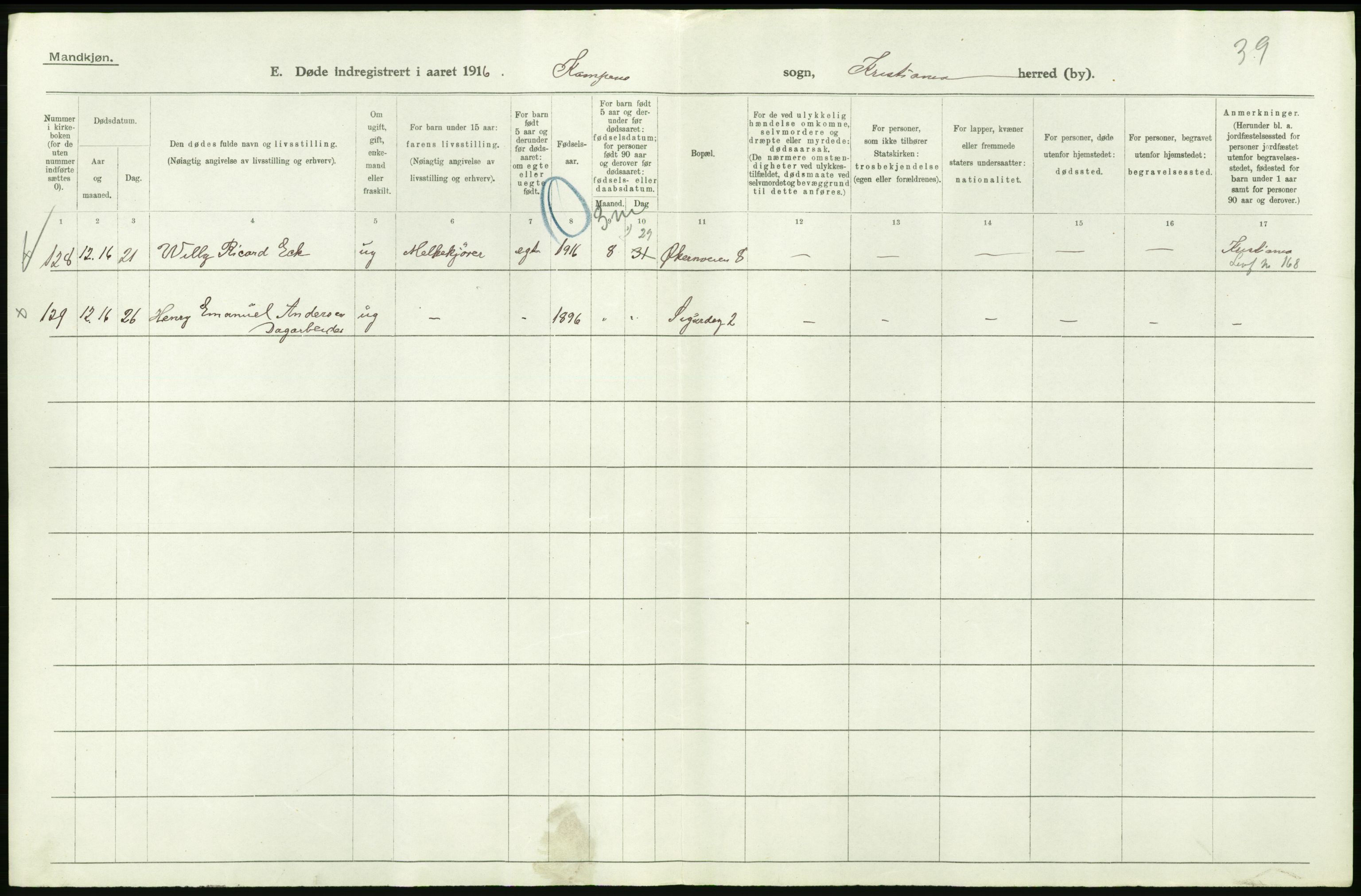 Statistisk sentralbyrå, Sosiodemografiske emner, Befolkning, RA/S-2228/D/Df/Dfb/Dfbf/L0009: Kristiania: Døde., 1916, p. 190