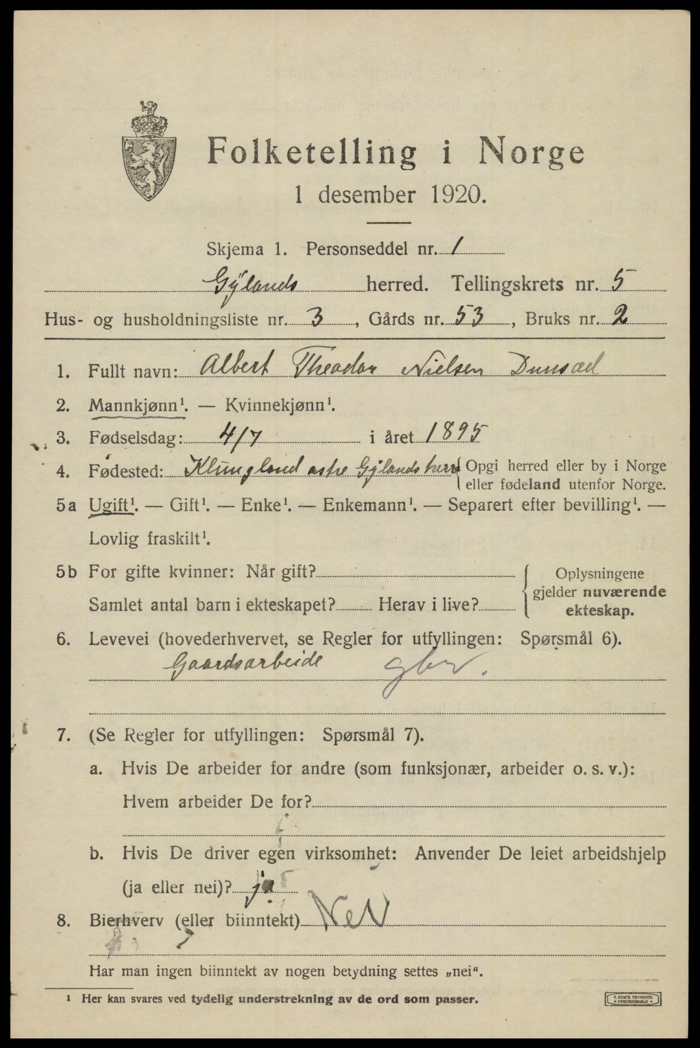 SAK, 1920 census for Gyland, 1920, p. 1202