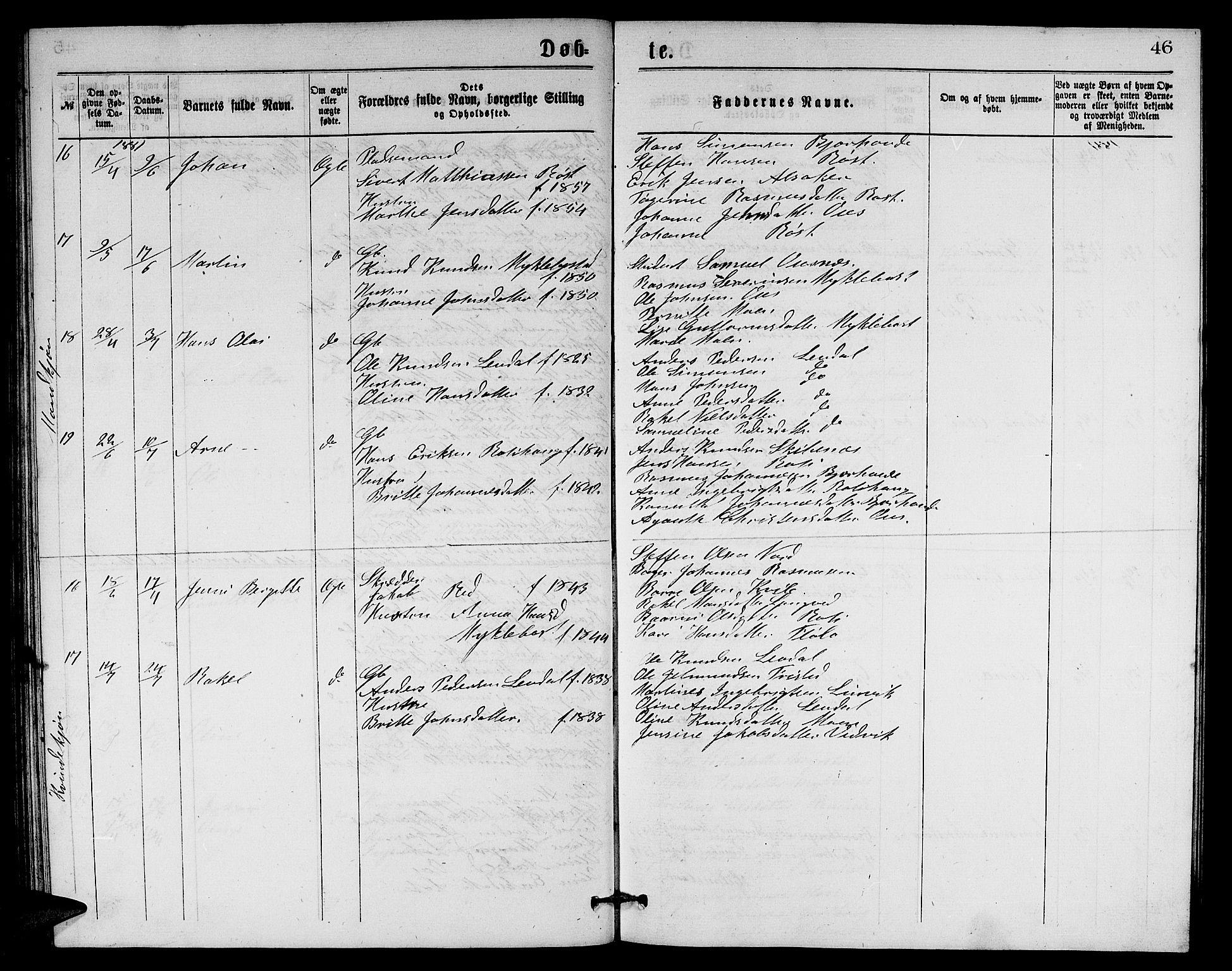 Eid sokneprestembete, AV/SAB-A-82301/H/Hab/Habb/L0001: Parish register (copy) no. B 1, 1877-1882, p. 46