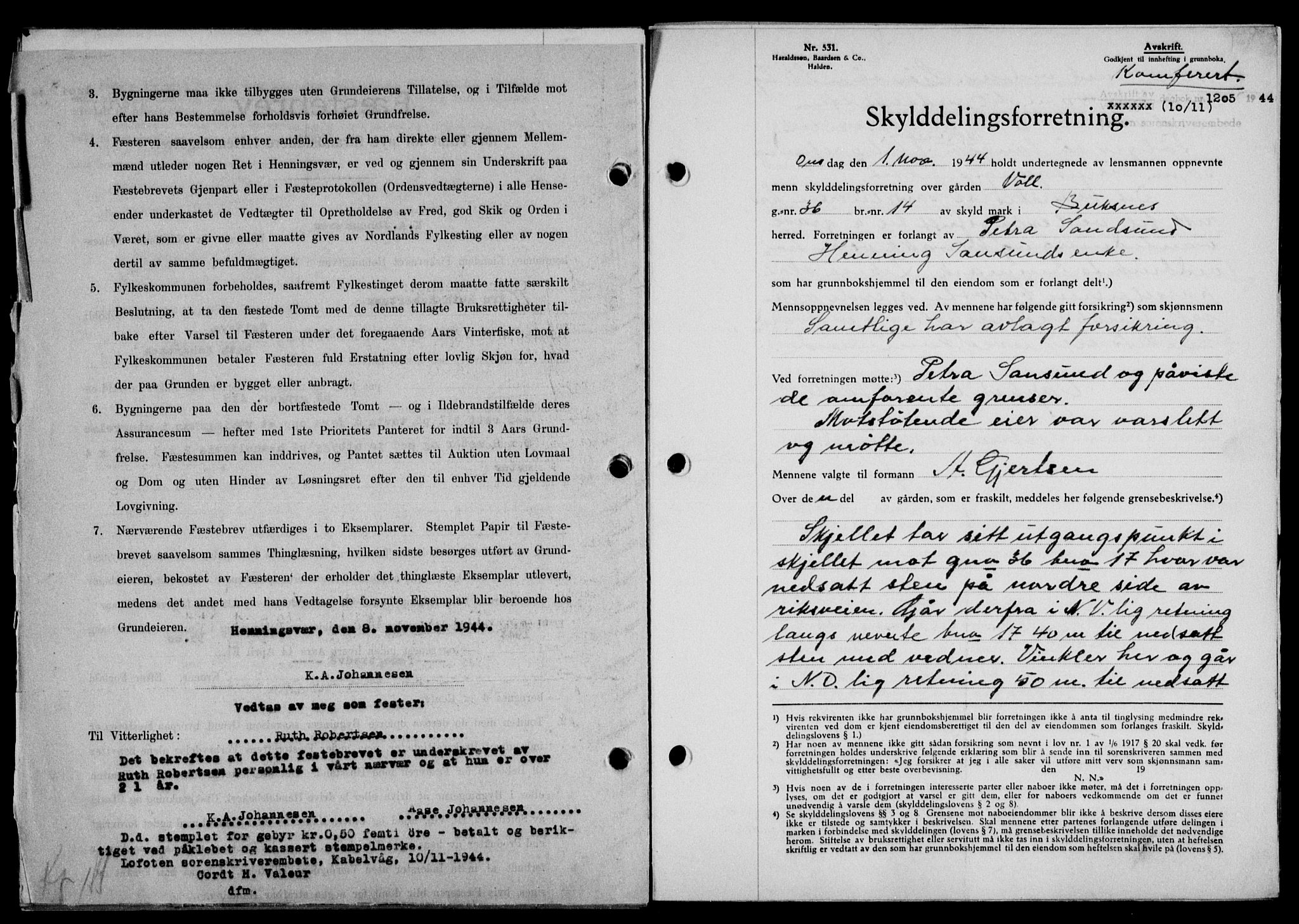 Lofoten sorenskriveri, SAT/A-0017/1/2/2C/L0012a: Mortgage book no. 12a, 1943-1944, Diary no: : 1205/1944