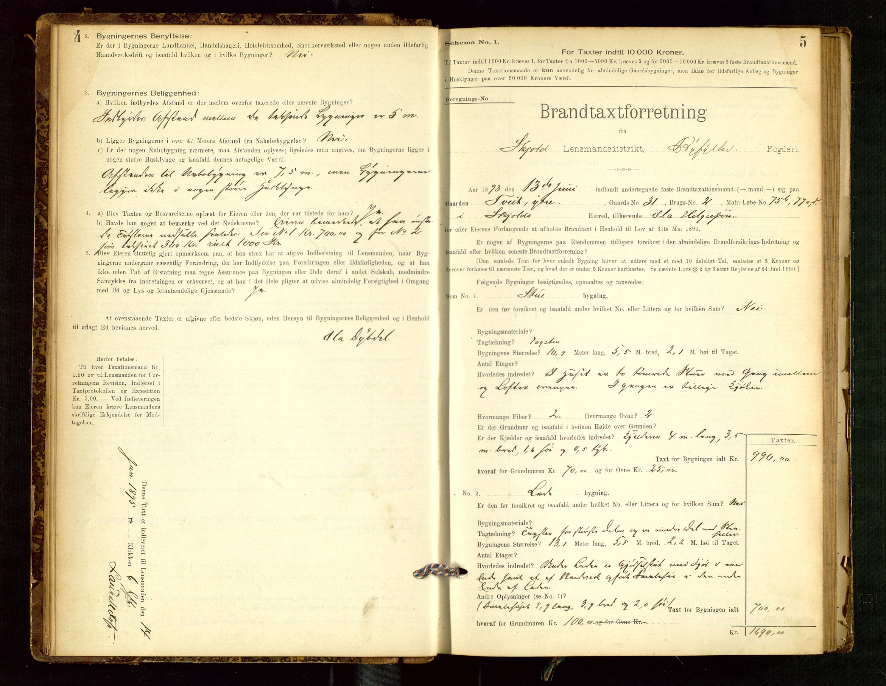 Skjold lensmannskontor, SAST/A-100182/Gob/L0001: "Brandtaxationsprotokol for Skjold Lensmandsdistrikt Ryfylke Fogderi", 1894-1939, p. 4-5