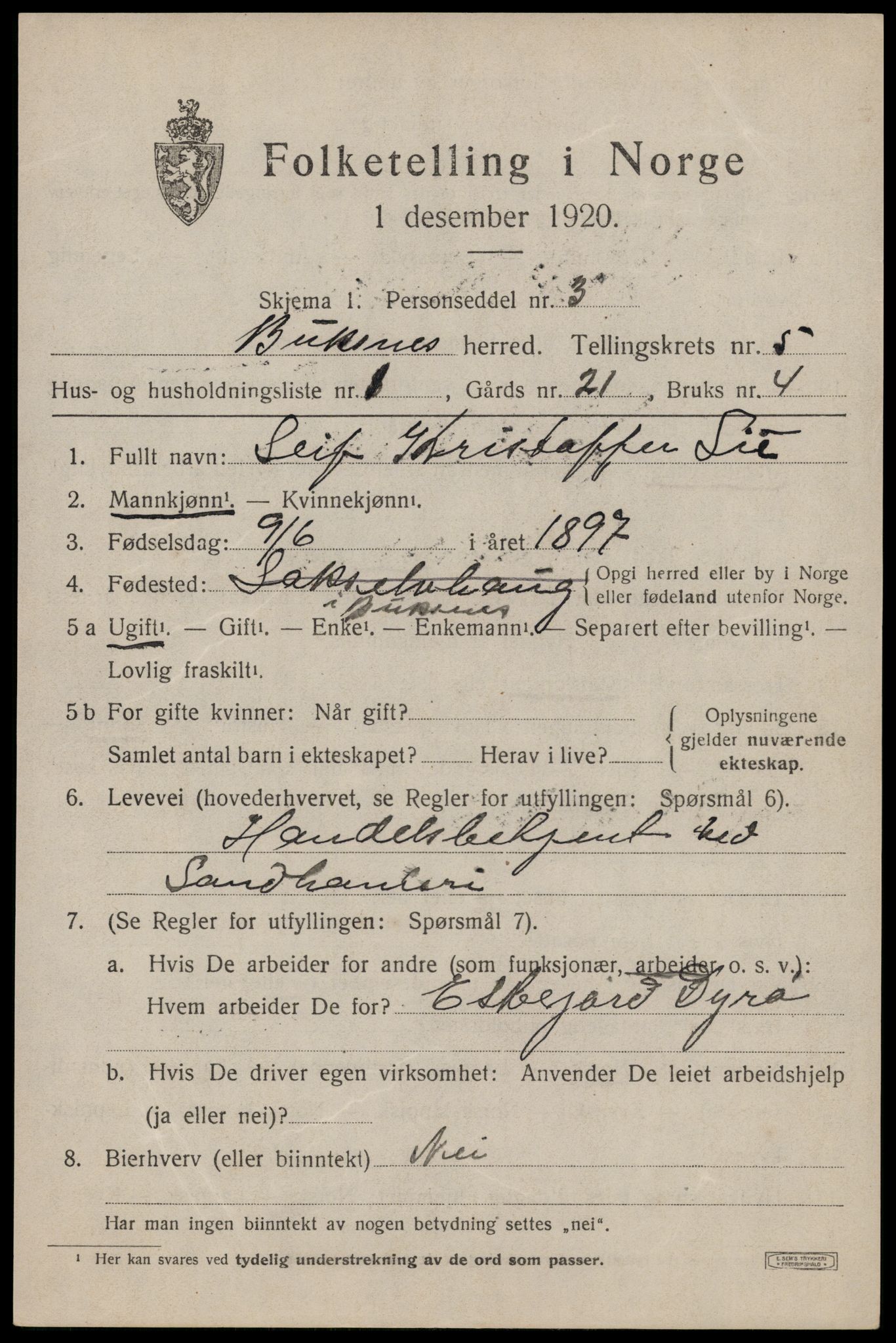 SAT, 1920 census for Buksnes, 1920, p. 5081