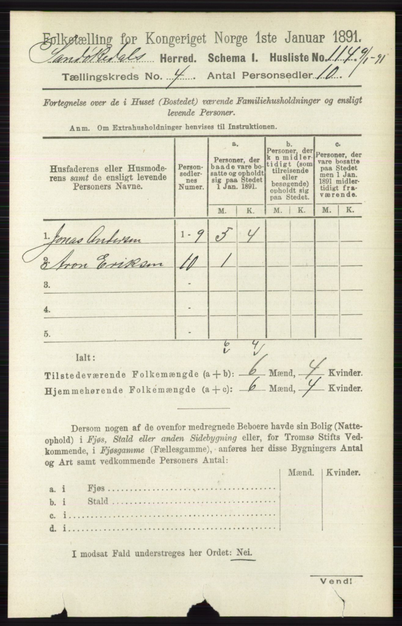 RA, 1891 census for 0816 Sannidal, 1891, p. 1218