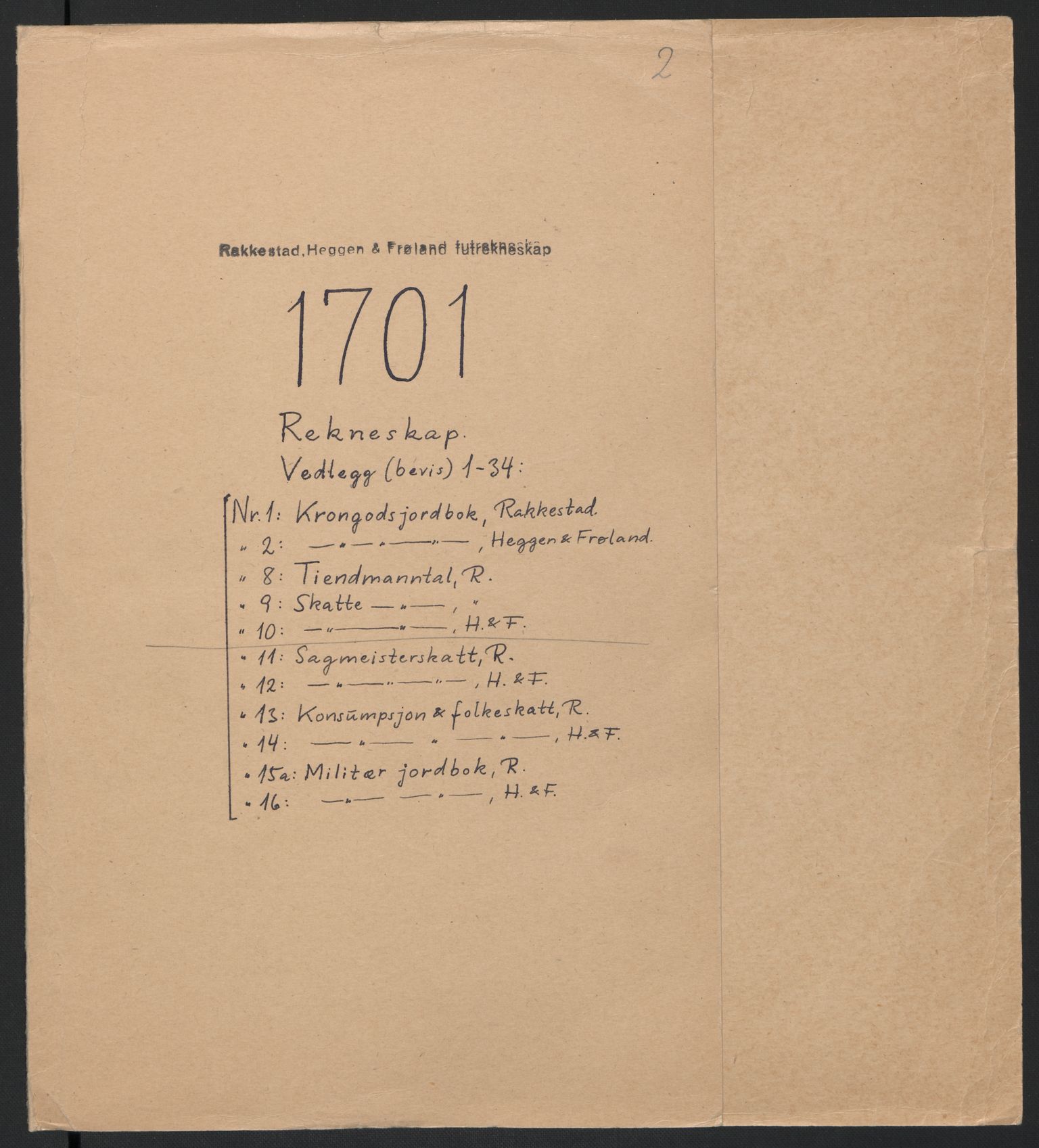 Rentekammeret inntil 1814, Reviderte regnskaper, Fogderegnskap, RA/EA-4092/R07/L0292: Fogderegnskap Rakkestad, Heggen og Frøland, 1701, p. 2