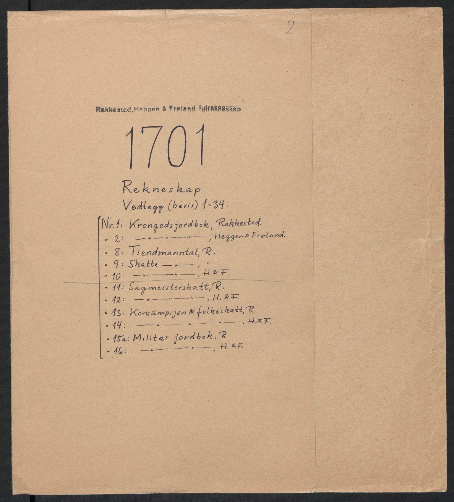 Rentekammeret inntil 1814, Reviderte regnskaper, Fogderegnskap, AV/RA-EA-4092/R07/L0292: Fogderegnskap Rakkestad, Heggen og Frøland, 1701, p. 2