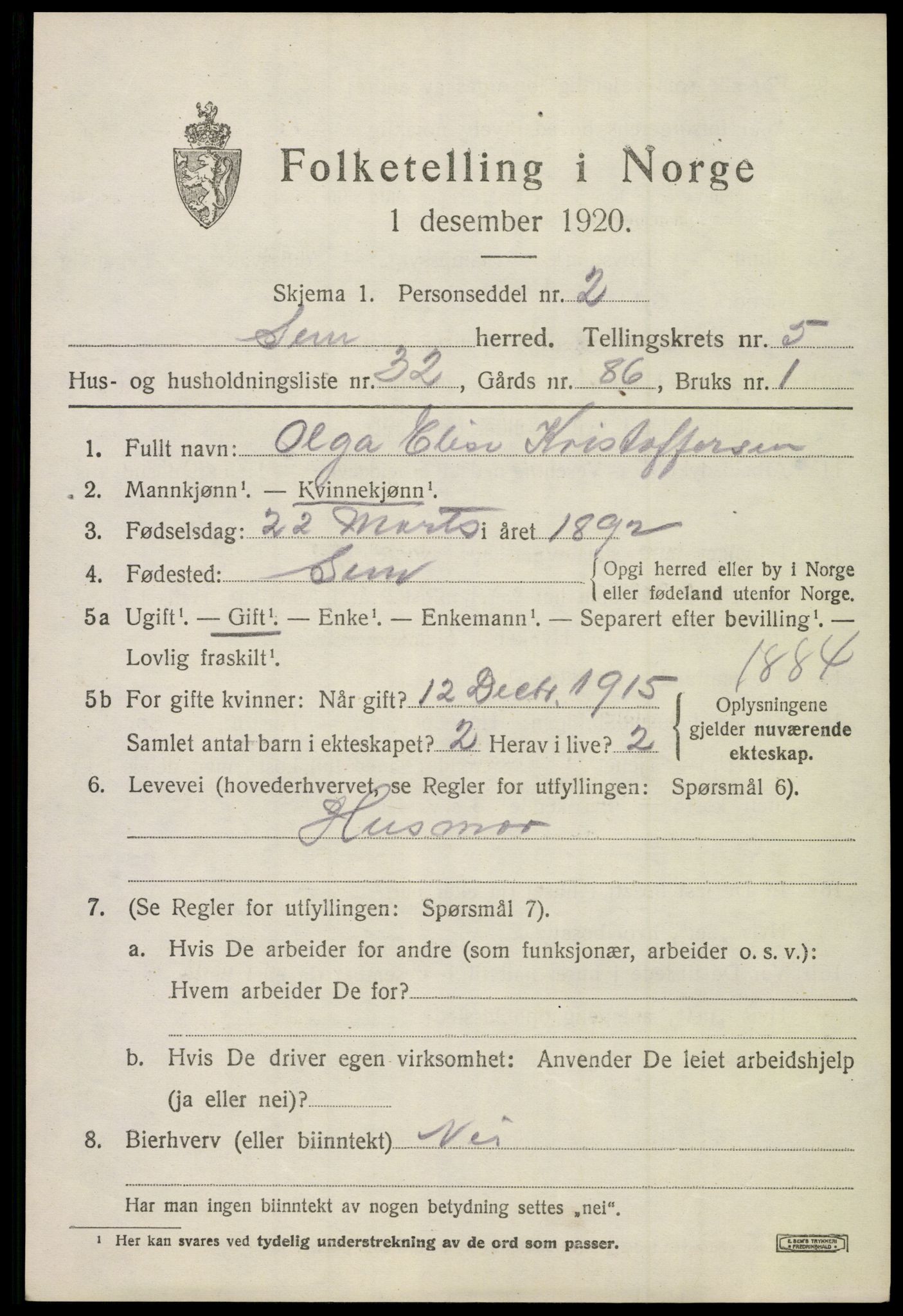SAKO, 1920 census for Sem, 1920, p. 8147