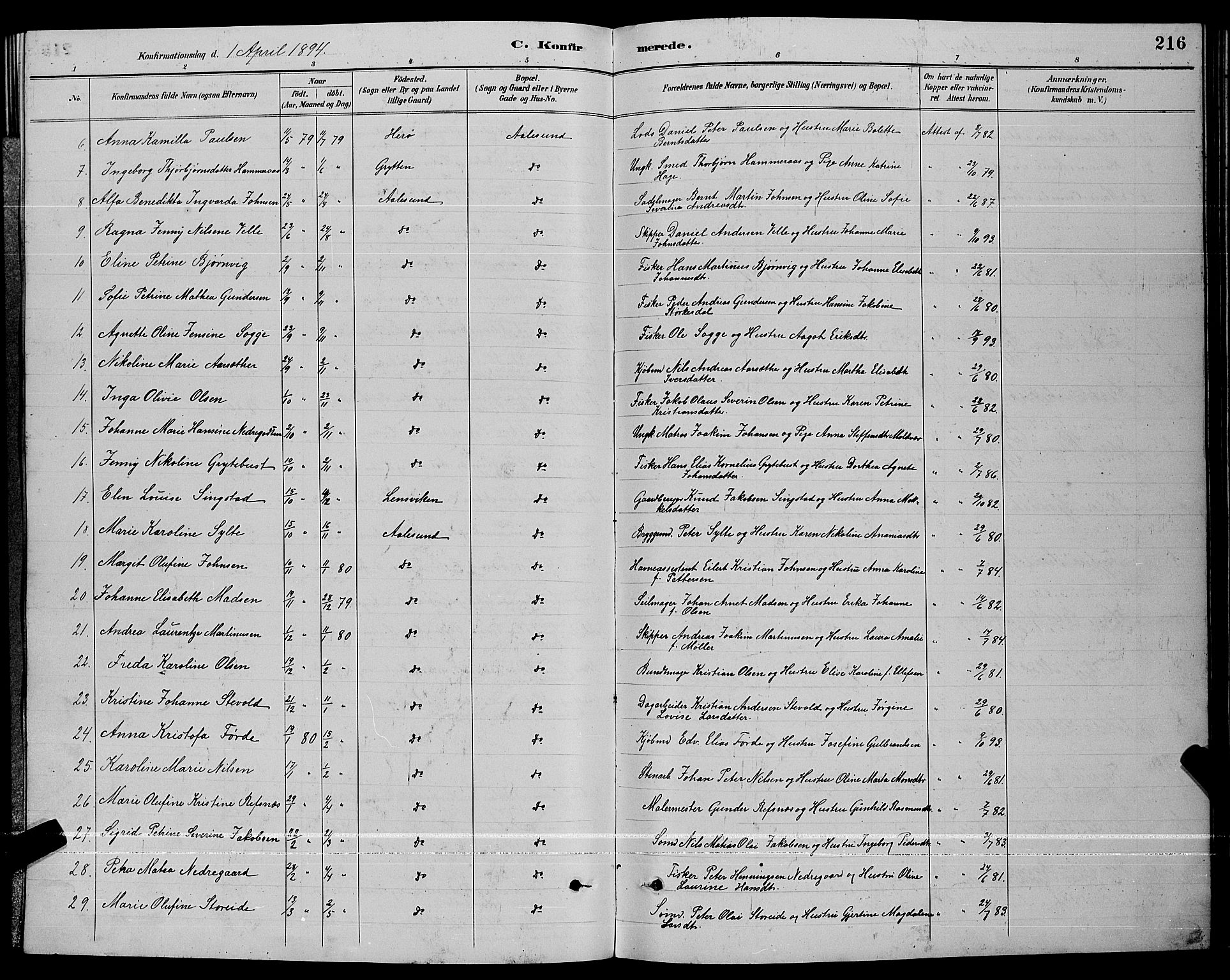 Ministerialprotokoller, klokkerbøker og fødselsregistre - Møre og Romsdal, AV/SAT-A-1454/529/L0467: Parish register (copy) no. 529C04, 1889-1897, p. 216