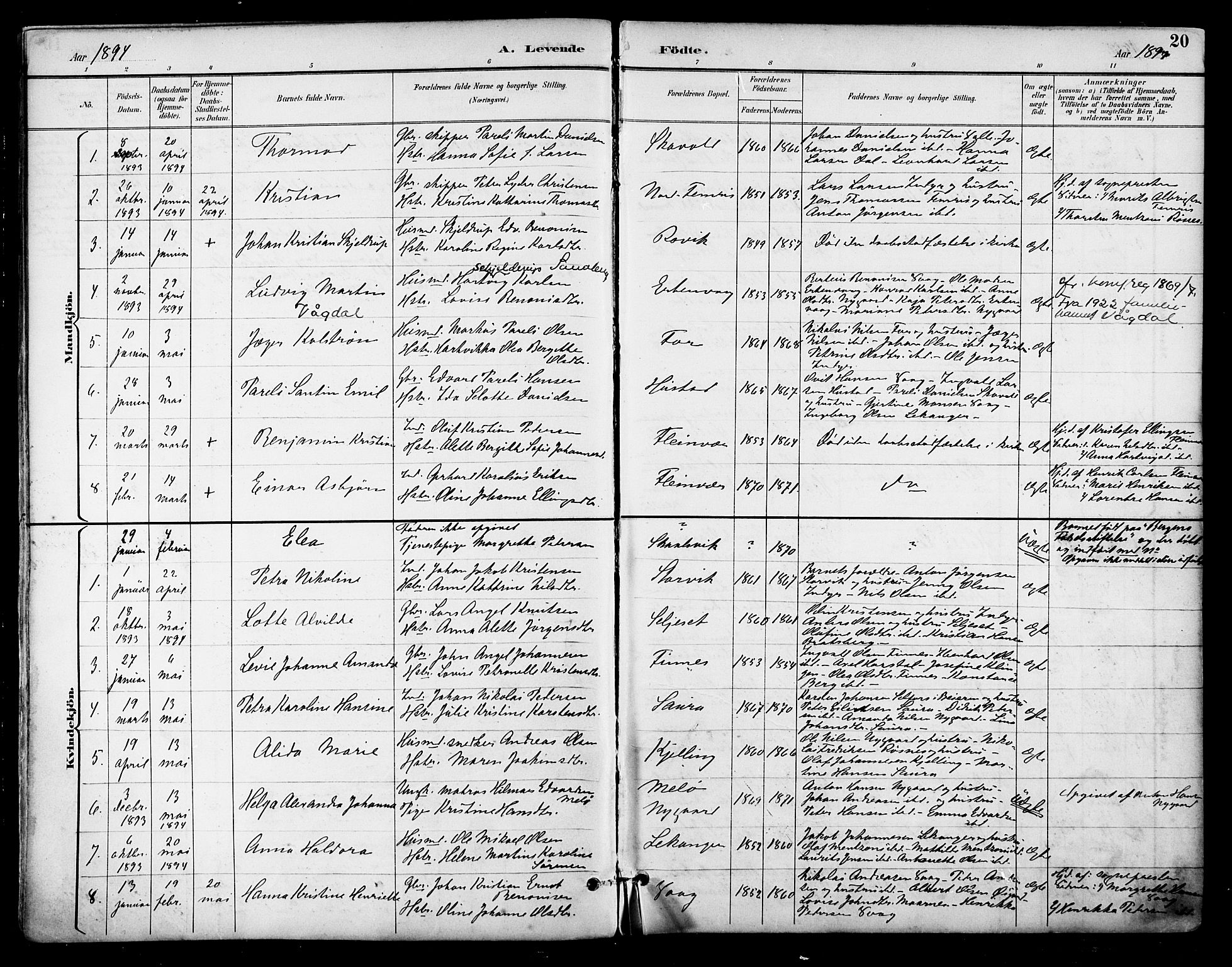 Ministerialprotokoller, klokkerbøker og fødselsregistre - Nordland, SAT/A-1459/805/L0101: Parish register (official) no. 805A07, 1892-1899, p. 20