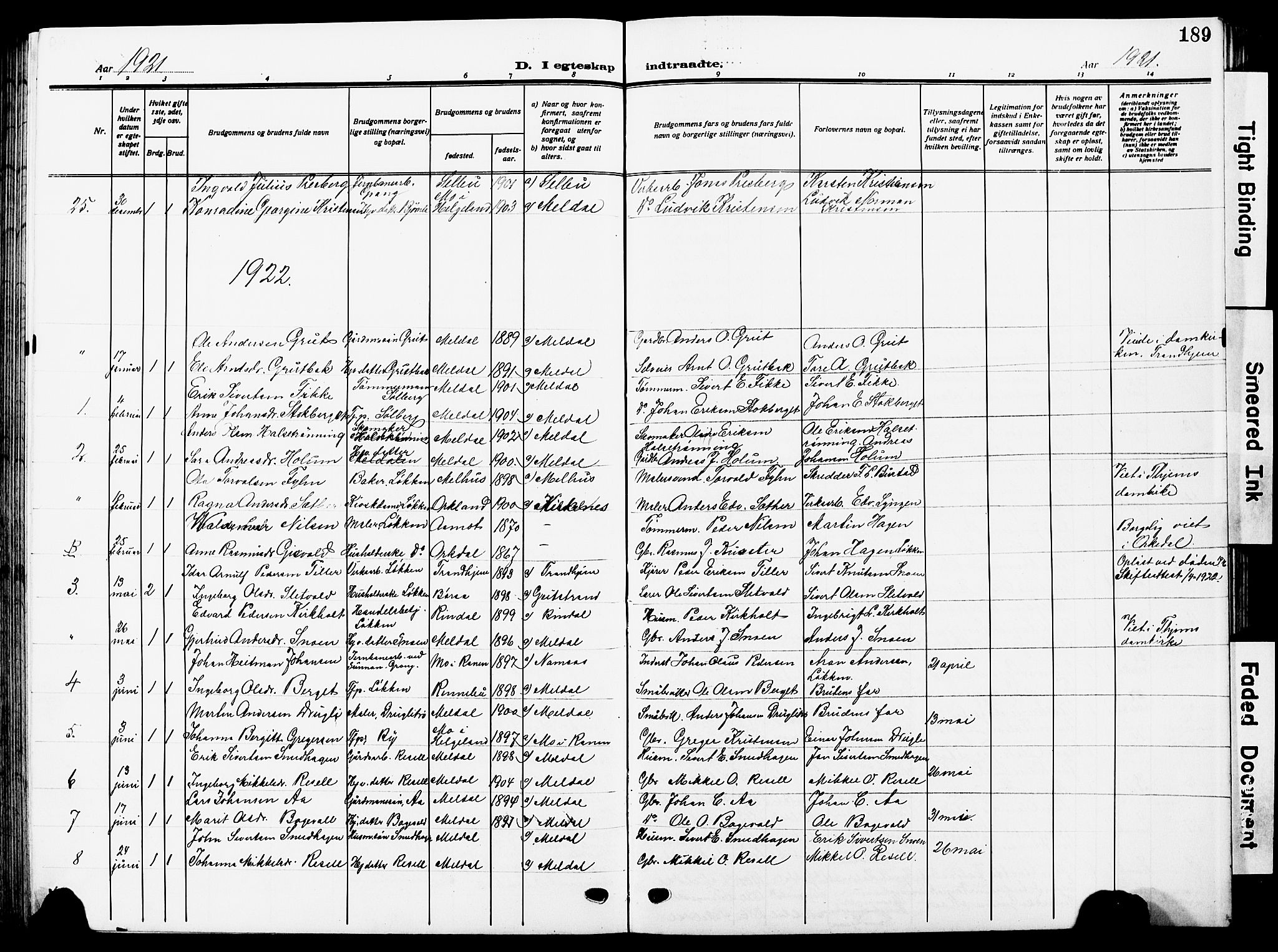 Ministerialprotokoller, klokkerbøker og fødselsregistre - Sør-Trøndelag, SAT/A-1456/672/L0865: Parish register (copy) no. 672C04, 1914-1928, p. 189