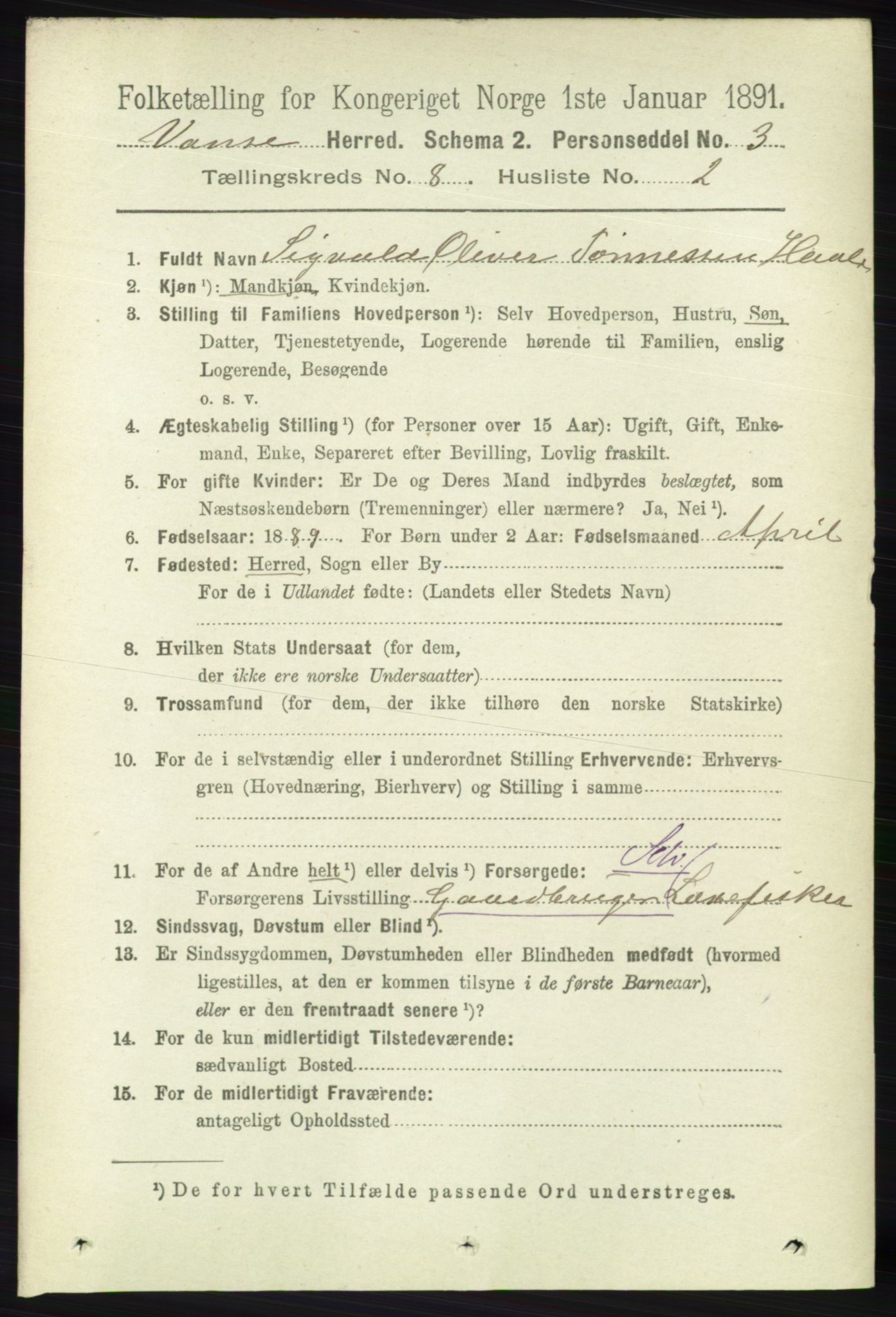 RA, 1891 census for 1041 Vanse, 1891, p. 4910