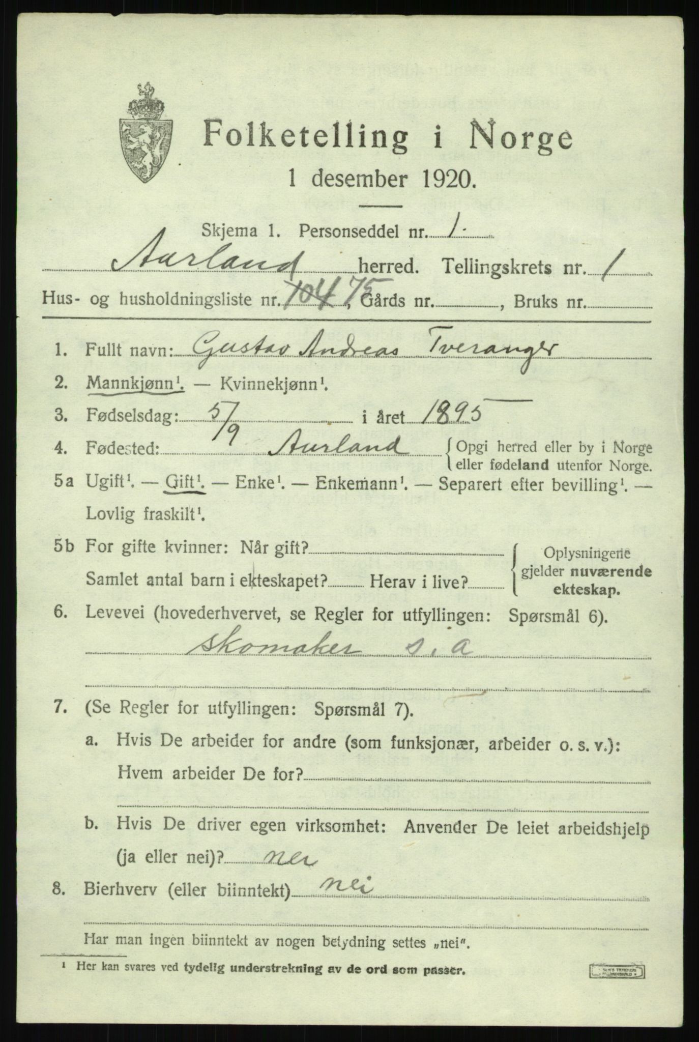 SAB, 1920 census for Aurland, 1920, p. 1796