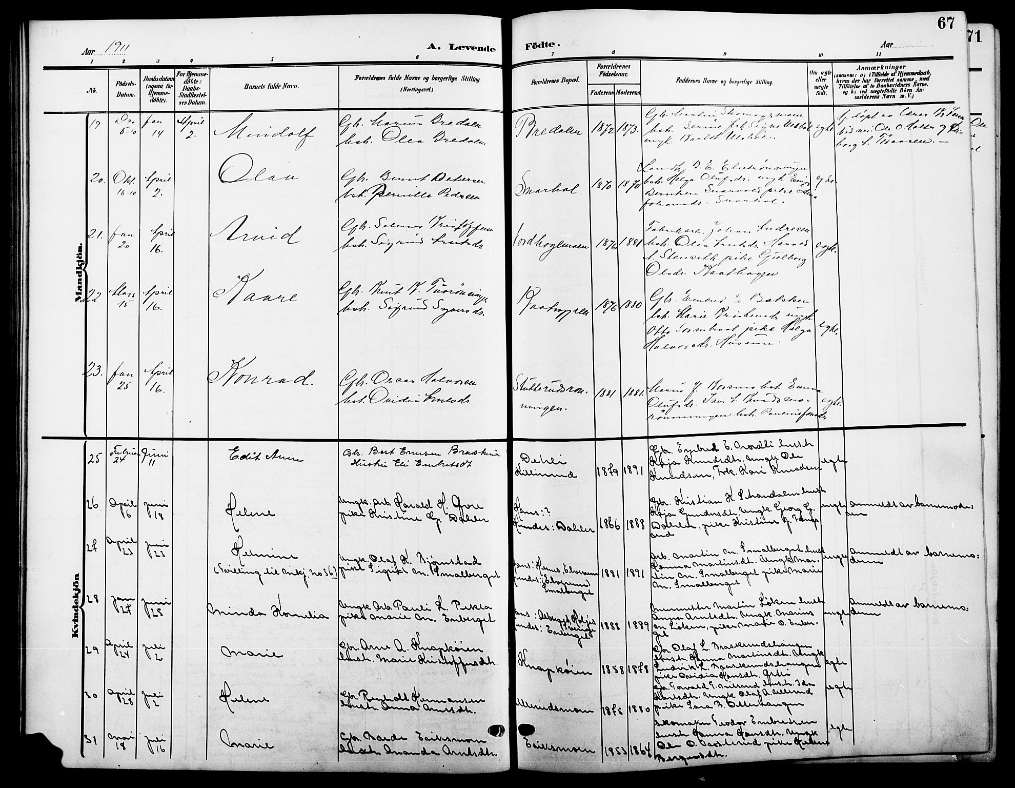 Våler prestekontor, Hedmark, AV/SAH-PREST-040/H/Ha/Hab/L0002: Parish register (copy) no. 2, 1905-1915, p. 67