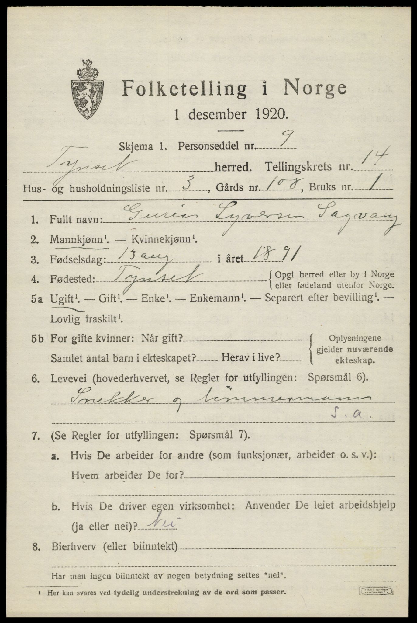 SAH, 1920 census for Tynset, 1920, p. 8964