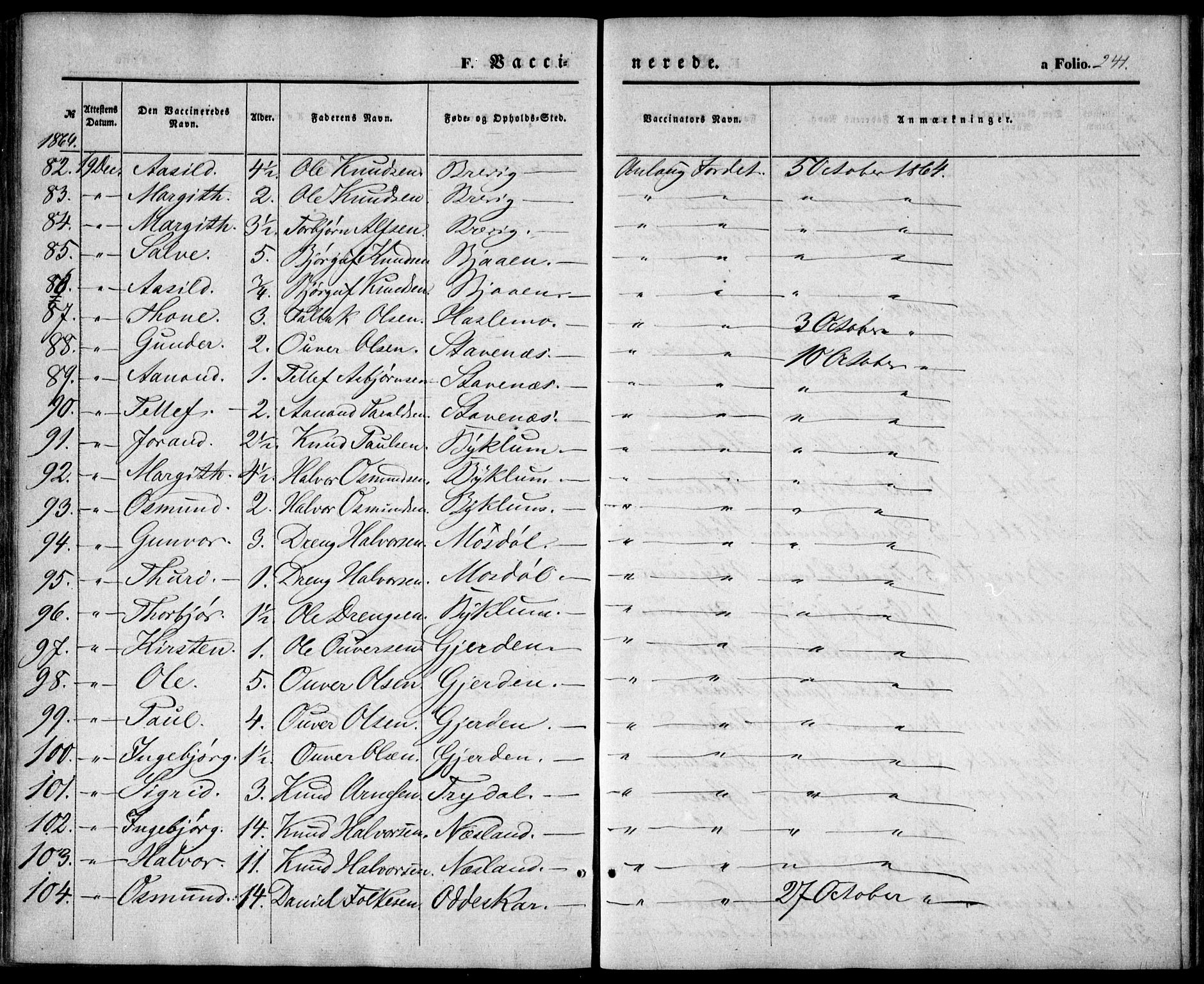 Valle sokneprestkontor, SAK/1111-0044/F/Fa/Fac/L0007: Parish register (official) no. A 7, 1854-1868, p. 241