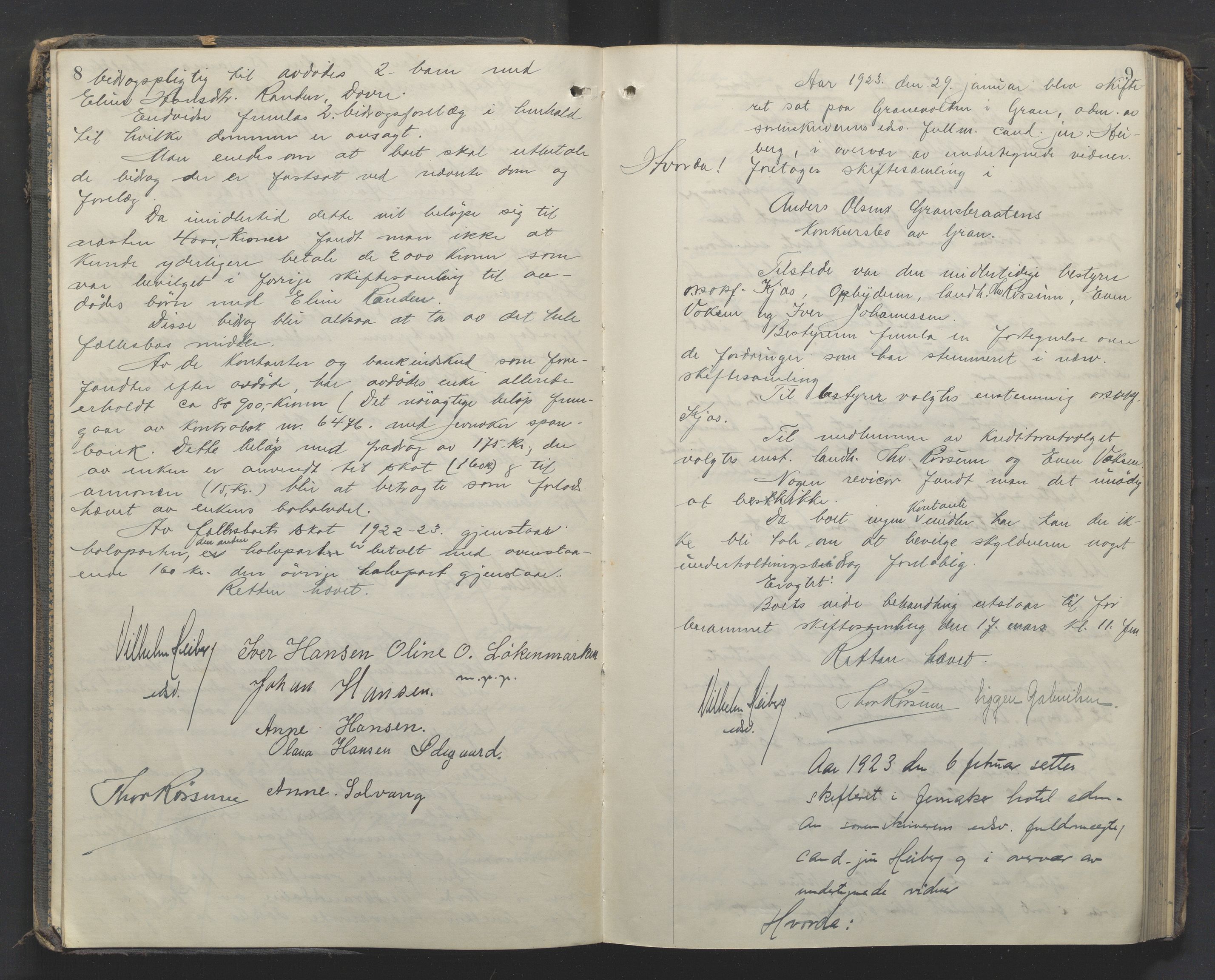 Hadeland og Land tingrett, AV/SAH-TING-010/J/Jc/L0013: Skifteforhandlingsprotokoll, 1923-1925, p. 8-9